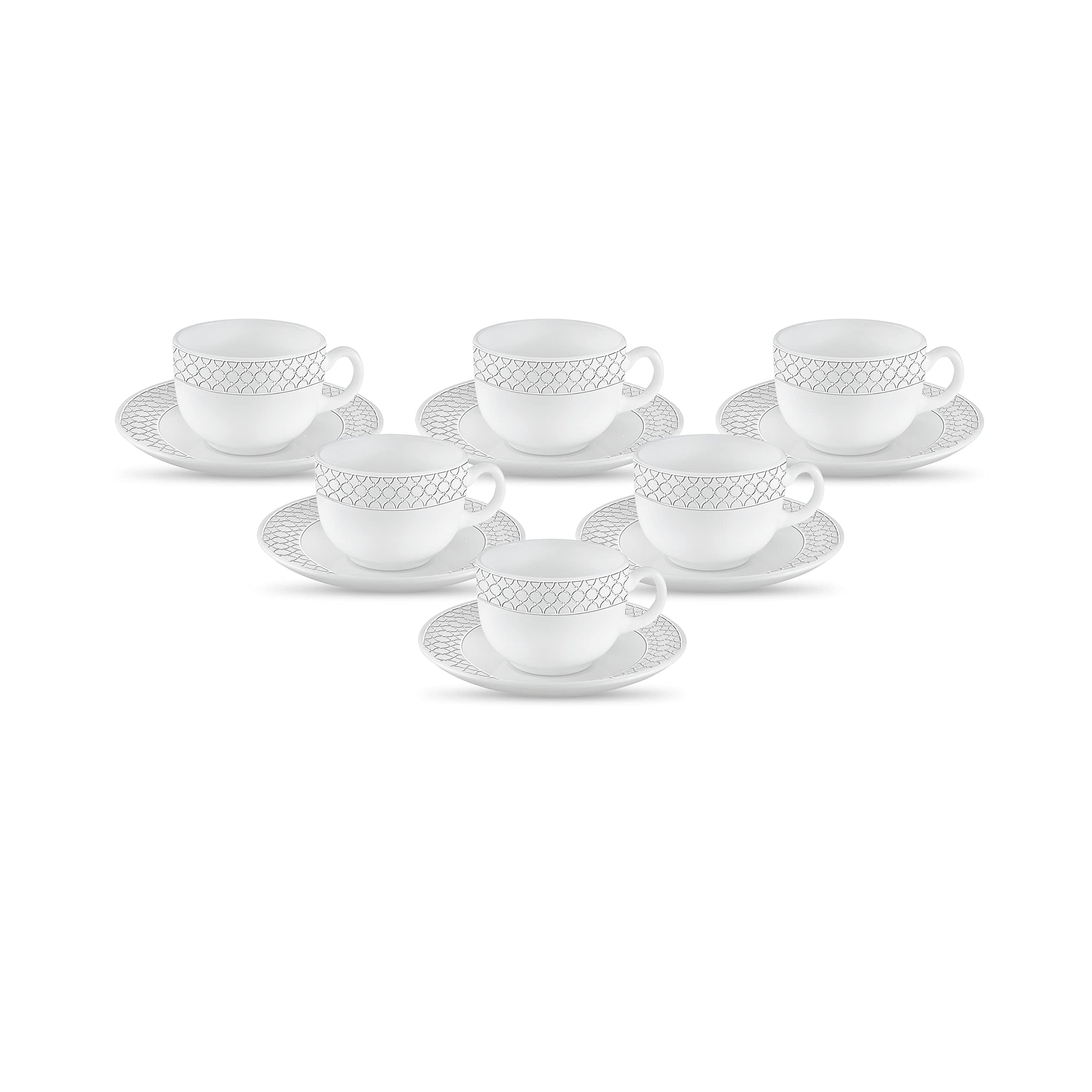 La Opala Diva, Velvett Collection Opal Glass Crockery | Cup & Saucer, Set of 12 | Pearl White, 160 ml | for Tea & Coffee | Microwave Safe | 100% Vegetarian | Extra Strong | Super Light | Super White