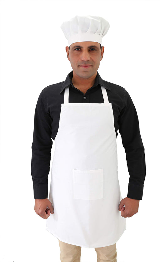 Switchon Poly-Cotton Solid Plain Free Size Chef's Cooking Kitchen Apron with Chef's Cap-White 23x30 inch (57x77cm)