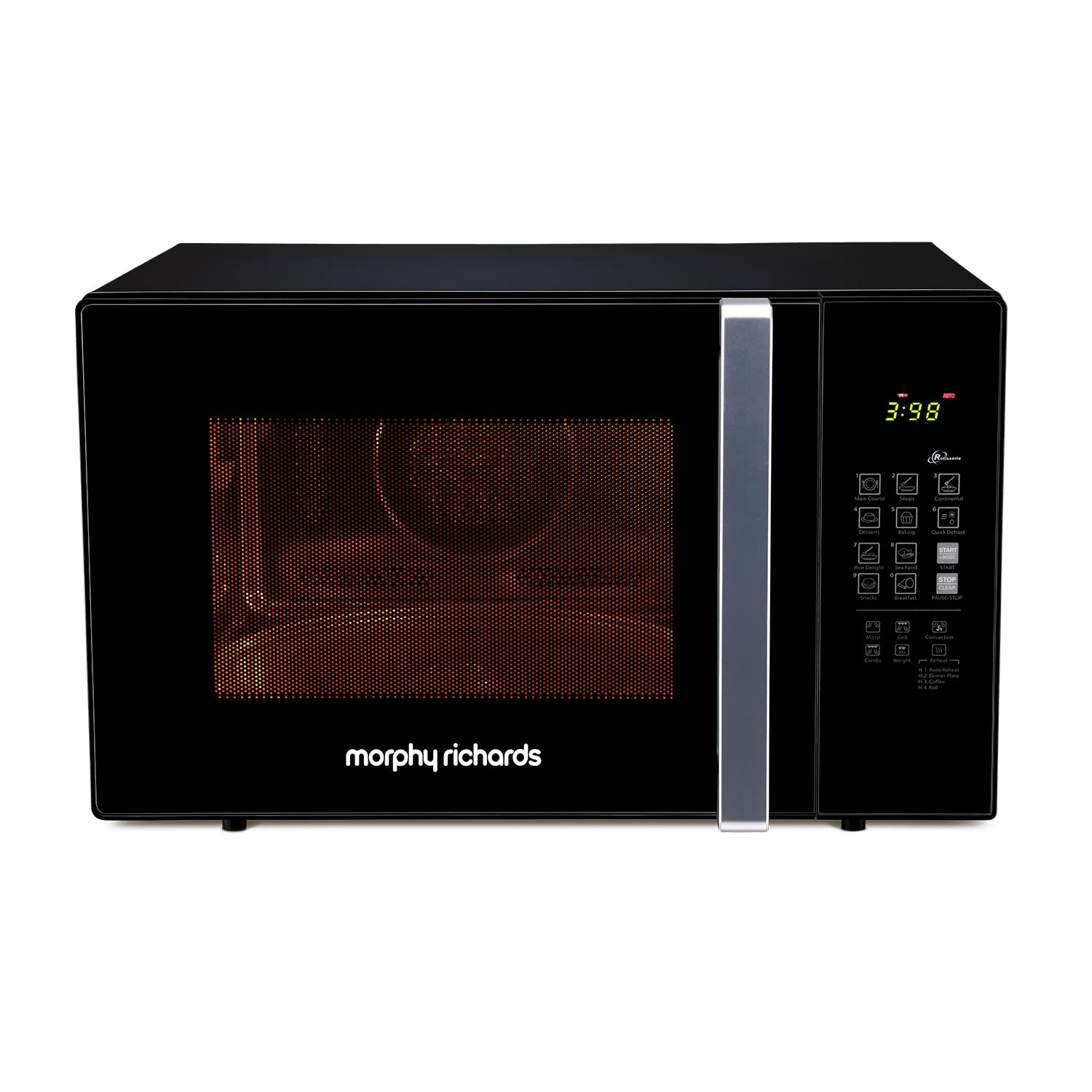 Morphy Richards 30 MCGR Deluxe 30L Convection Microwave Oven with Motorised Rotisserie, 200 Autocook Menus and Child Lock Feature, Black