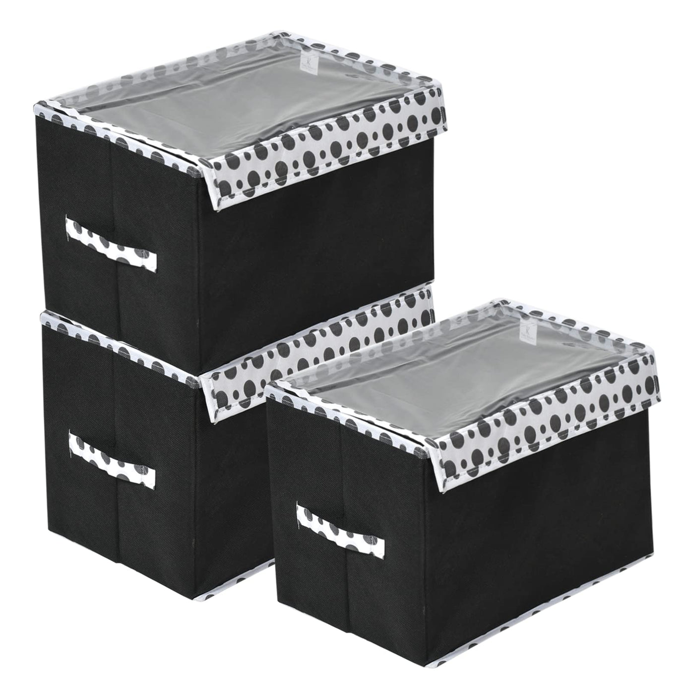 Kuber Industries Dot Printed Multiuses Small Non-Woven Storage Box/Organizer With Tranasparent Lid- Pack of 3 (Black) -44KM0413