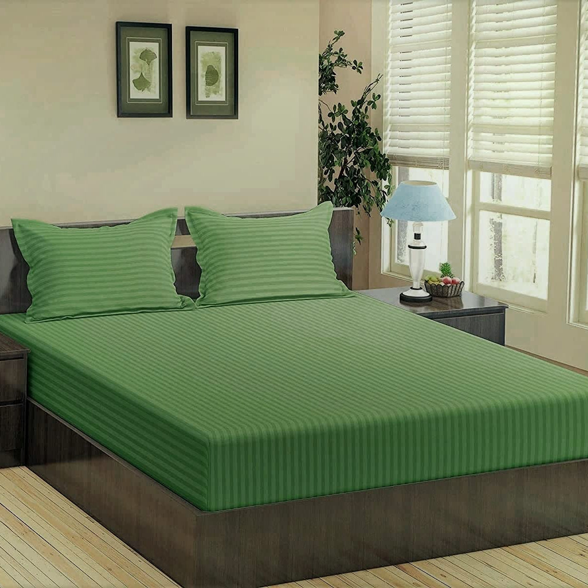 Trance Home Linen 100% Cotton 78x72 inch King Fitted 200TC Satin Stripe Elastic Fitted Bedsheet | Bedroom Hotels Daily Use Fitted Bedspread with 2 Pillow Covers (78"x72" | 6.5x6 feet, Moss Green)