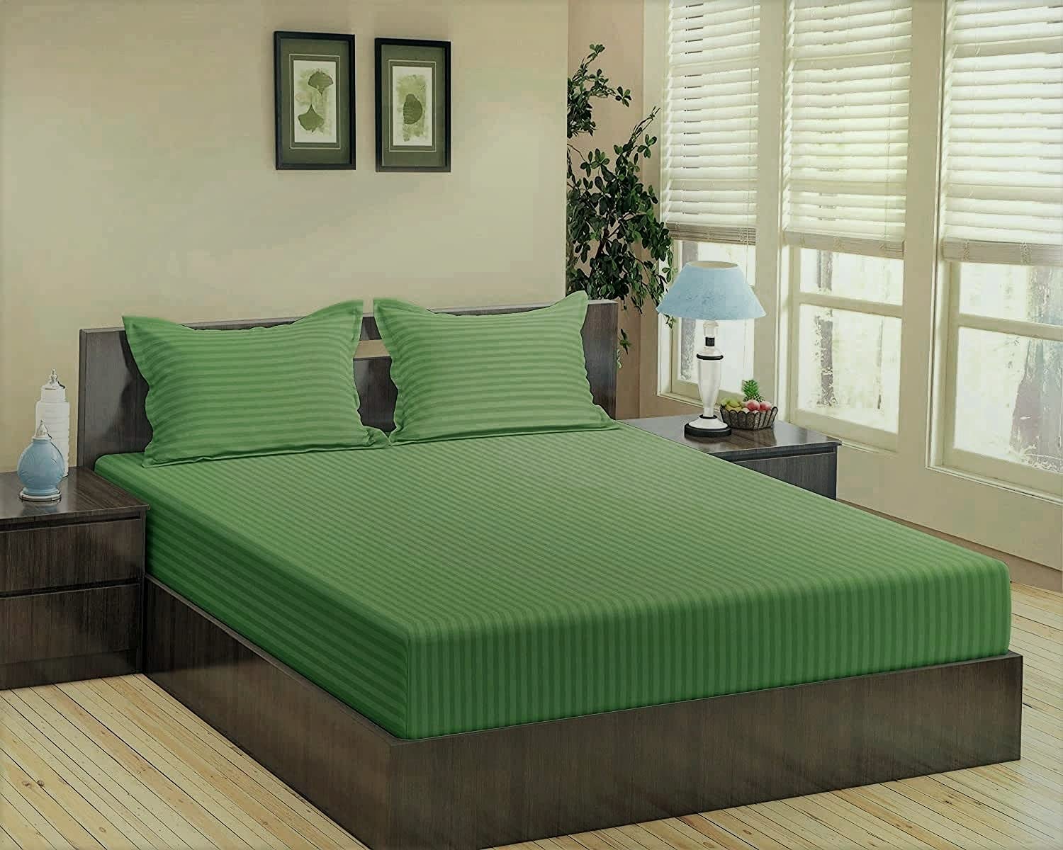 Trance Home Linen 100% Cotton 78x72 inch King Fitted 200TC Satin Stripe Elastic Fitted Bedsheet | Bedroom Hotels Daily Use Fitted Bedspread with 2 Pillow Covers (78"x72" | 6.5x6 feet, Moss Green)