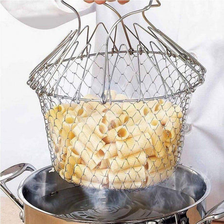 STAREWA Foldable Steam Rinse Deep Frying Basket, Stainless Steel Fry French Basket Strainer Net Fried Filter Drainage Rack for Fried Food or Fruits Multifunctional Kitchen Cooking Tool