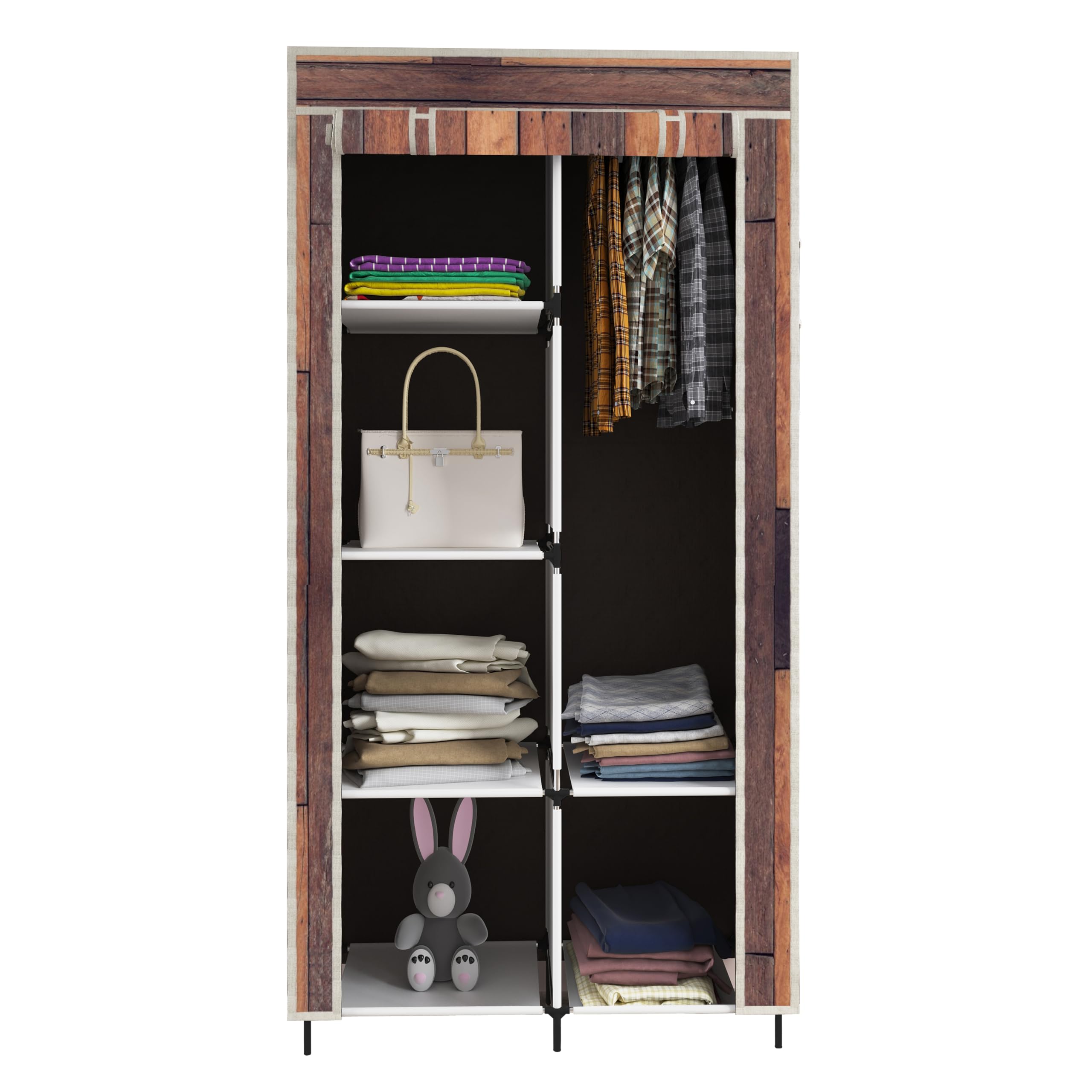 GTC® Printed Collapsible Wardrobe Portable Foldable Closet for Clothes Almira, 1 Hanging Space, 6 Shelves, 1 Side Pocket Non-Woven Fabric 100 GSM (2001-2 Wooden Brown)