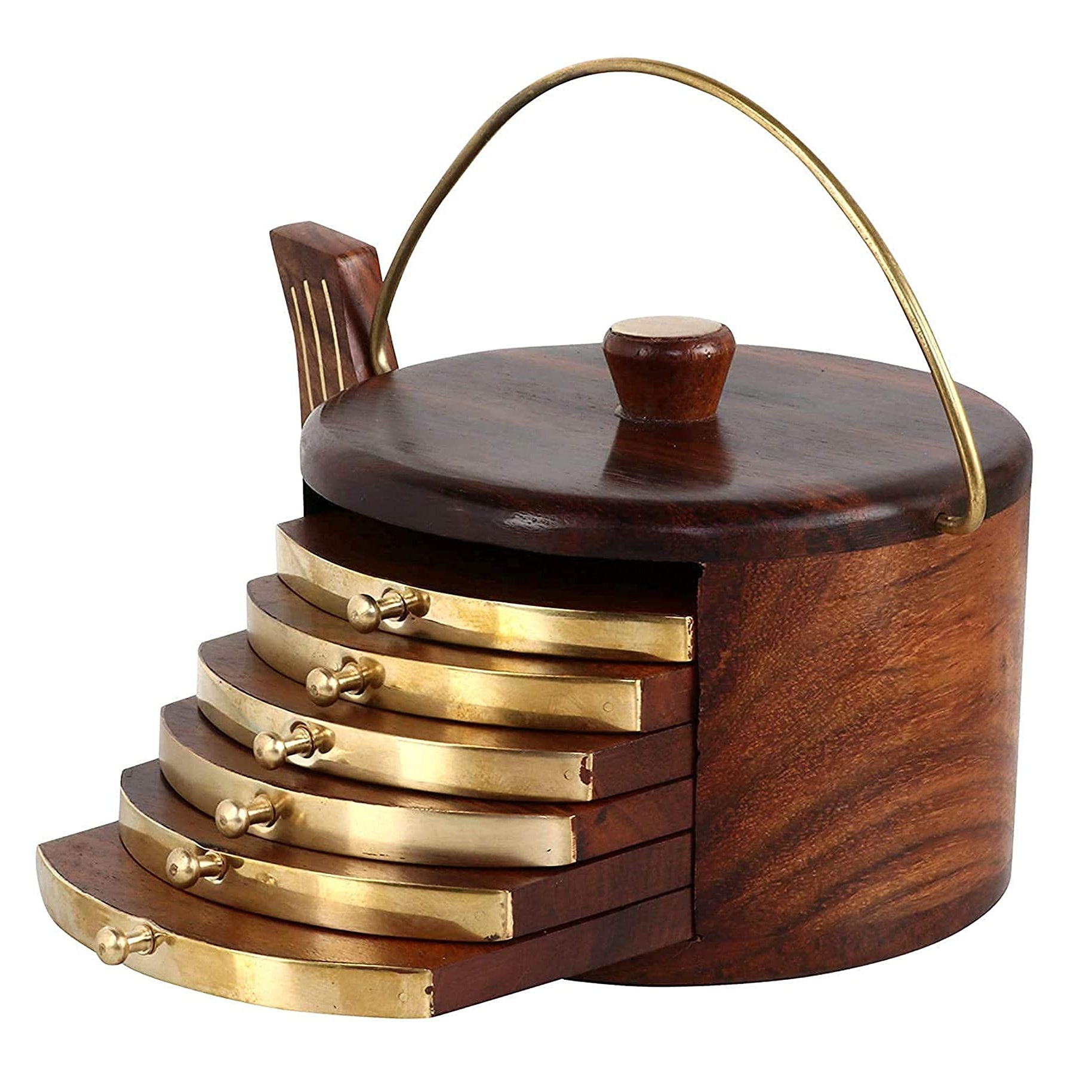 Woodiva Handmade Wooden Tea Coaster Set of 6, Round Handicraft with Brass Decor Cattle Shape