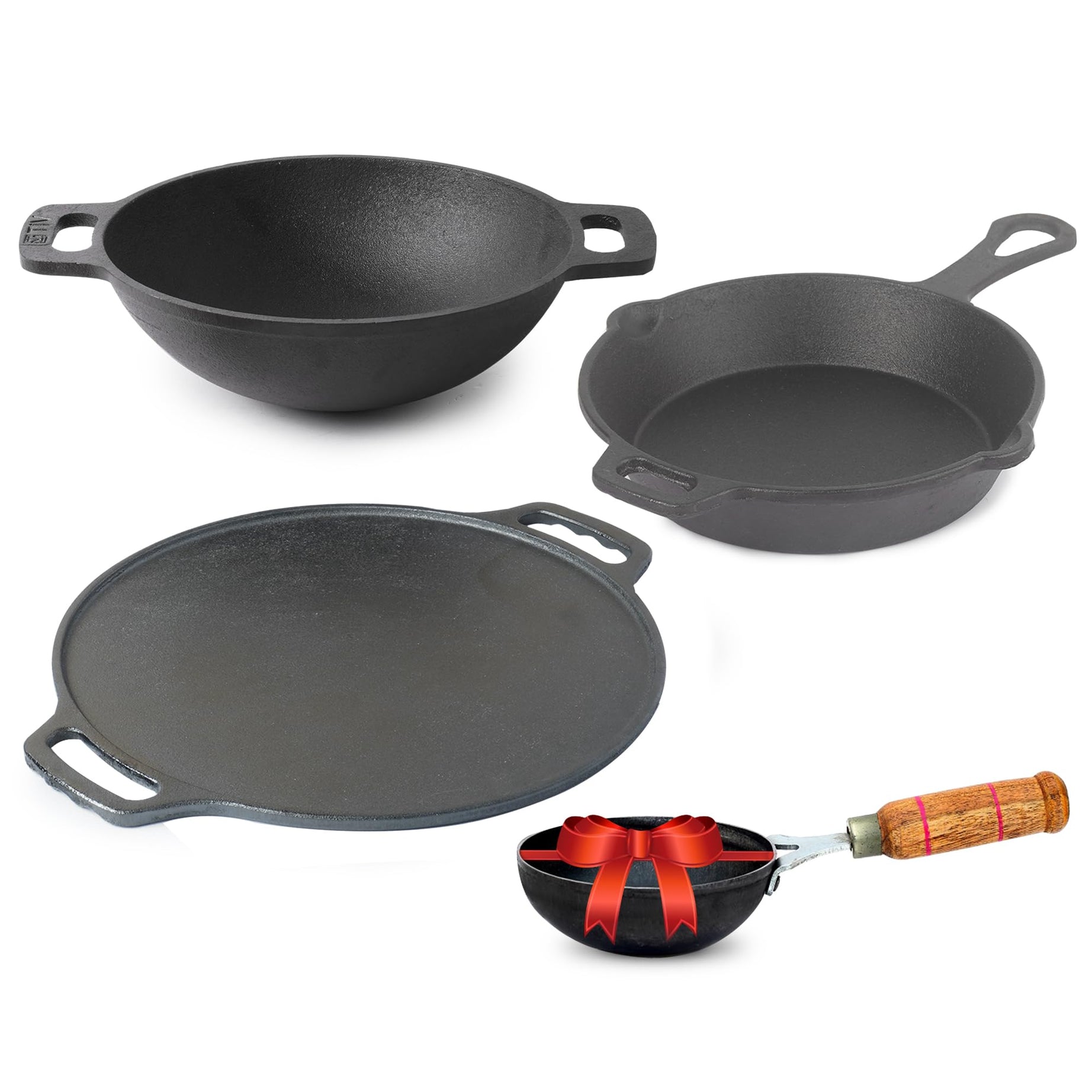 The Indus Valley Pre-Seasoned Cast Iron Cookware Set+ Free Tadka Pan|Tawa (30.5 Cm)+ Kadai (25.4 Cm/2.3L)+ Fry Pan (23 Cm/1.4L)|Kitchen Cooking Combo Pots & Pans Set Of 4Pcs|Naturally Nonstick - Black