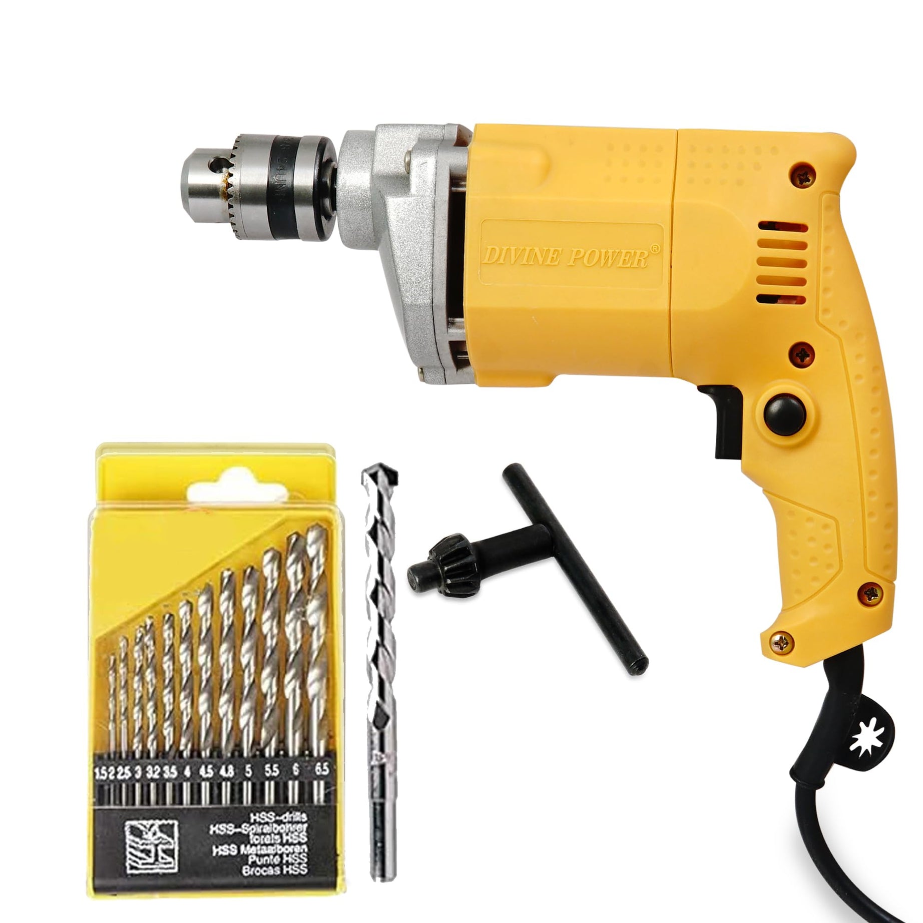 DARIMI Electric Drill Machine, 10mm Drill Chuck, Copper Armature with FREE COMBO 13 PCS HSS Drill Bit Set & 1 PCS Masonry Drill Bit, 6 Months Warranty