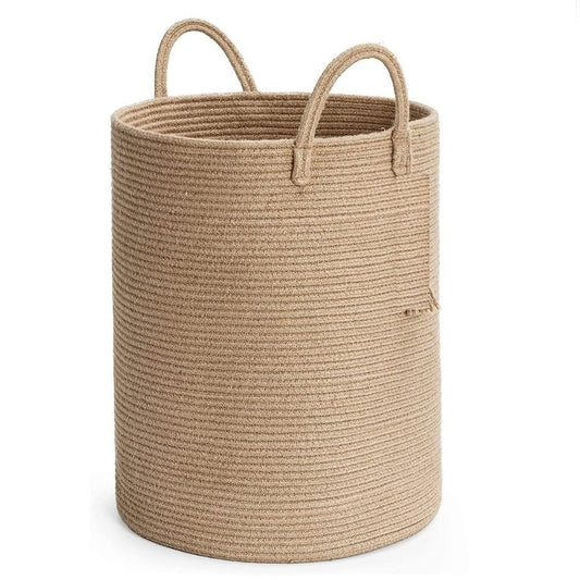 GRATIFY Mansa Traders Jute&Cotton Rope Laundry Hamper Basket, 58L Tall Woven Laundry Basket For Blanket Organizer-Large-Brown