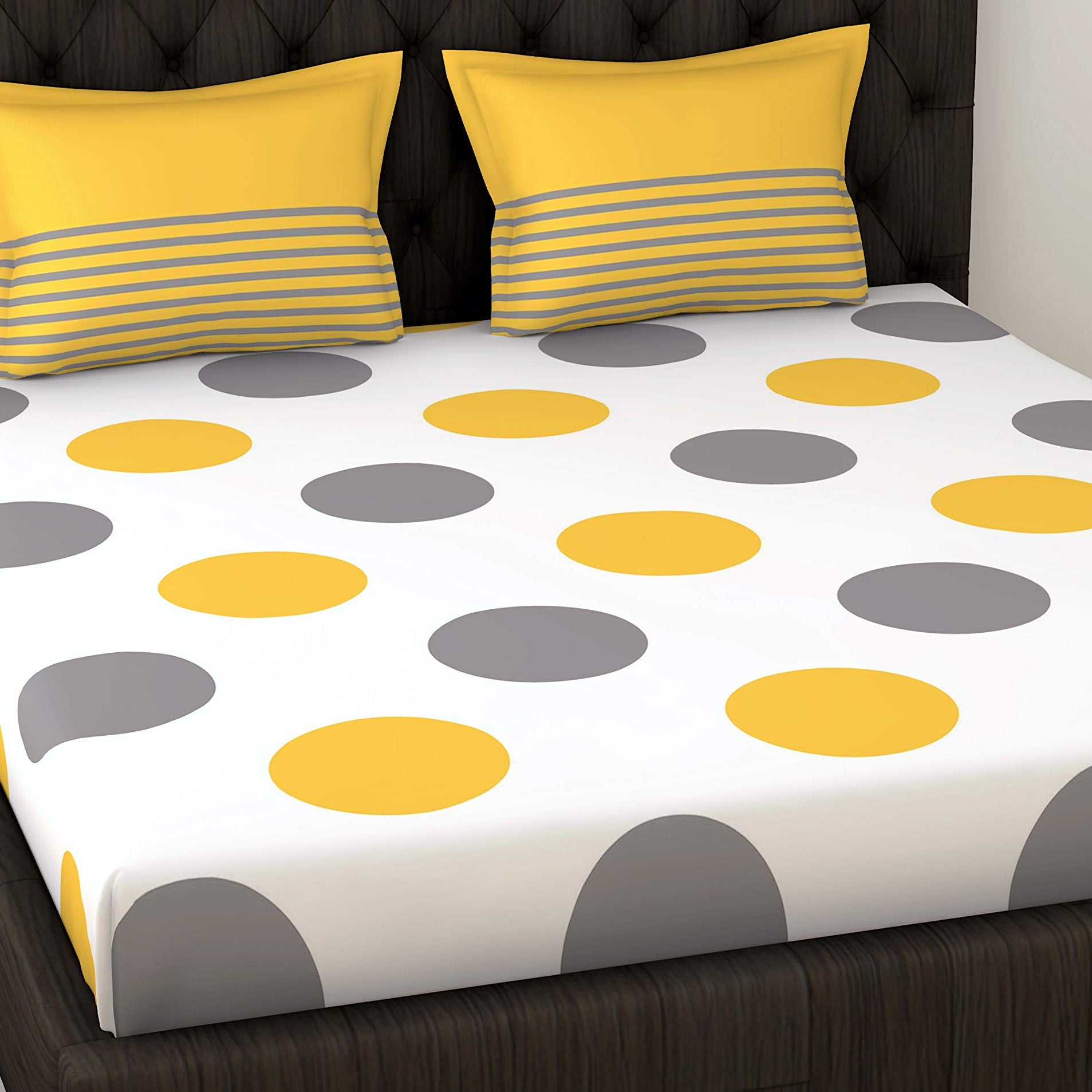 LORETO – A QUALITY LINEN BRAND 144 TC 100% Cotton Bedsheet for Double Bed with 2 Pillow Covers, Polka - Yellow & Grey