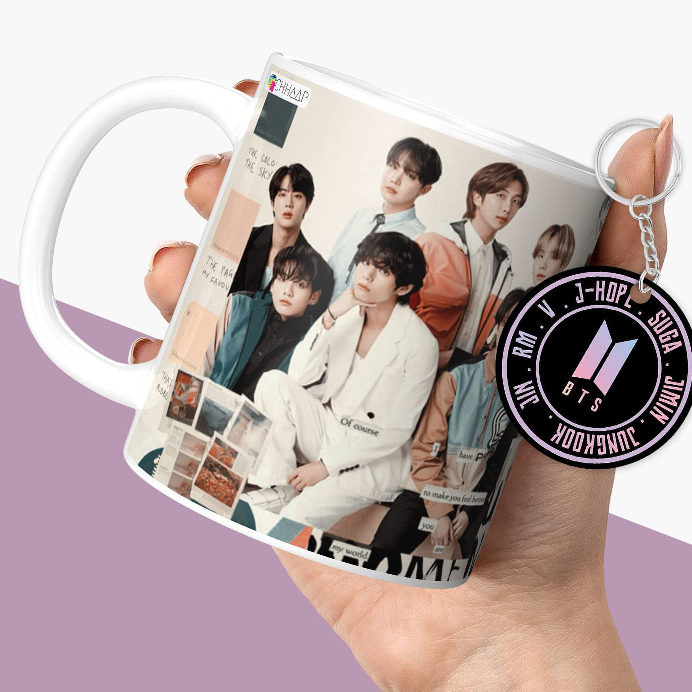 NH10 DESIGNS BTS Printed Mug with Keychain for Girls Boys Birthday Gift for Friends BTS Music Band V Suga J-Hope Jungkook Jin Jimin Rm, BTS Mug (Coffee Mug-350ml) -B61WMK 52 (Ceramic)