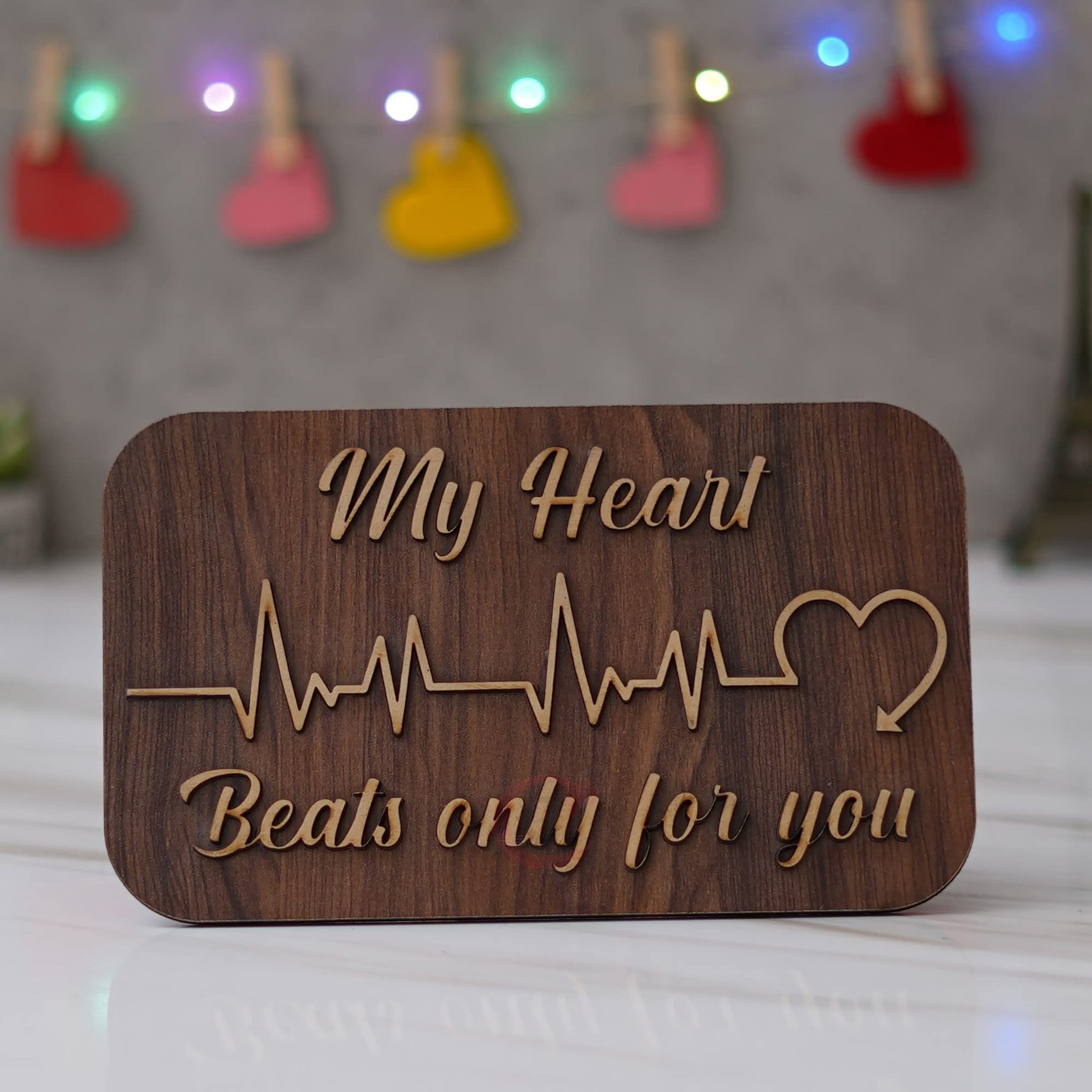 eCraftIndia Brown My Heart Beats Only for You Wooden Showpiece - Valentine Gift for Girlfriend, Boyfriend Husband, Wife