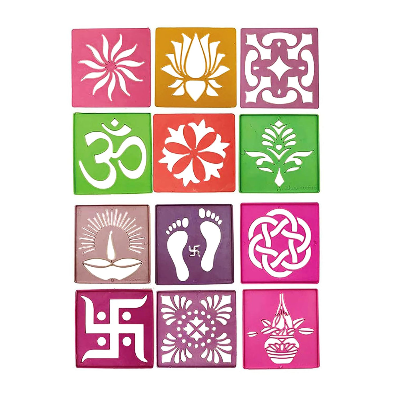 Ascension 12 Different Design Draw Rangoli Making Kit Rangoli Stamp Om Swastik Flower design Colourful Rangoli Making Stencils