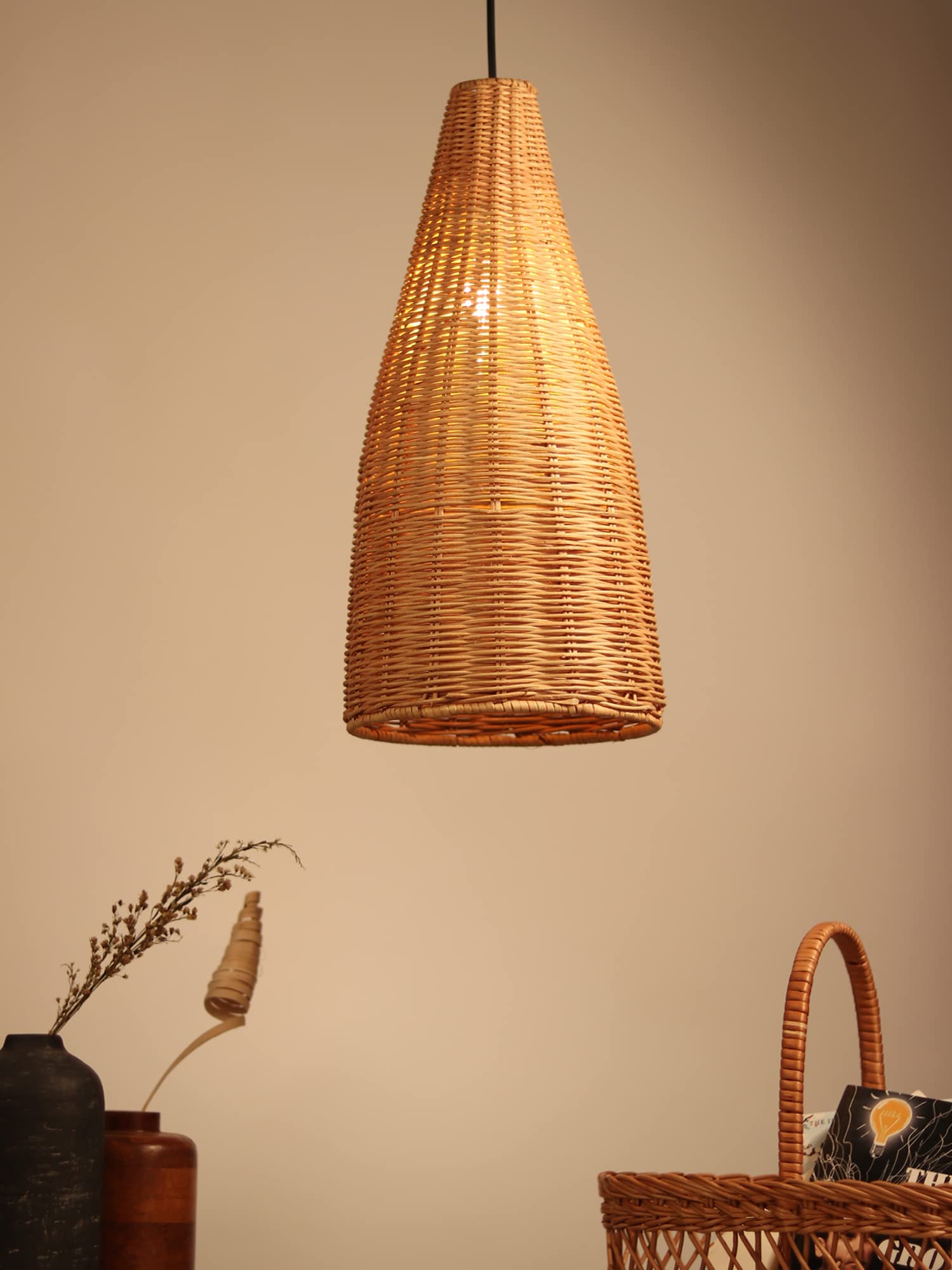 Habere India-All the Cultures Fabricating India Bamboo Lamp shade | Bamboo Pendant Lights | Boho Lamp Shade | Cane Lamp Shade | Rattan Lamp Shade | Wicker Lamp Shade (Diameter 20 CM, Height 44 CM)