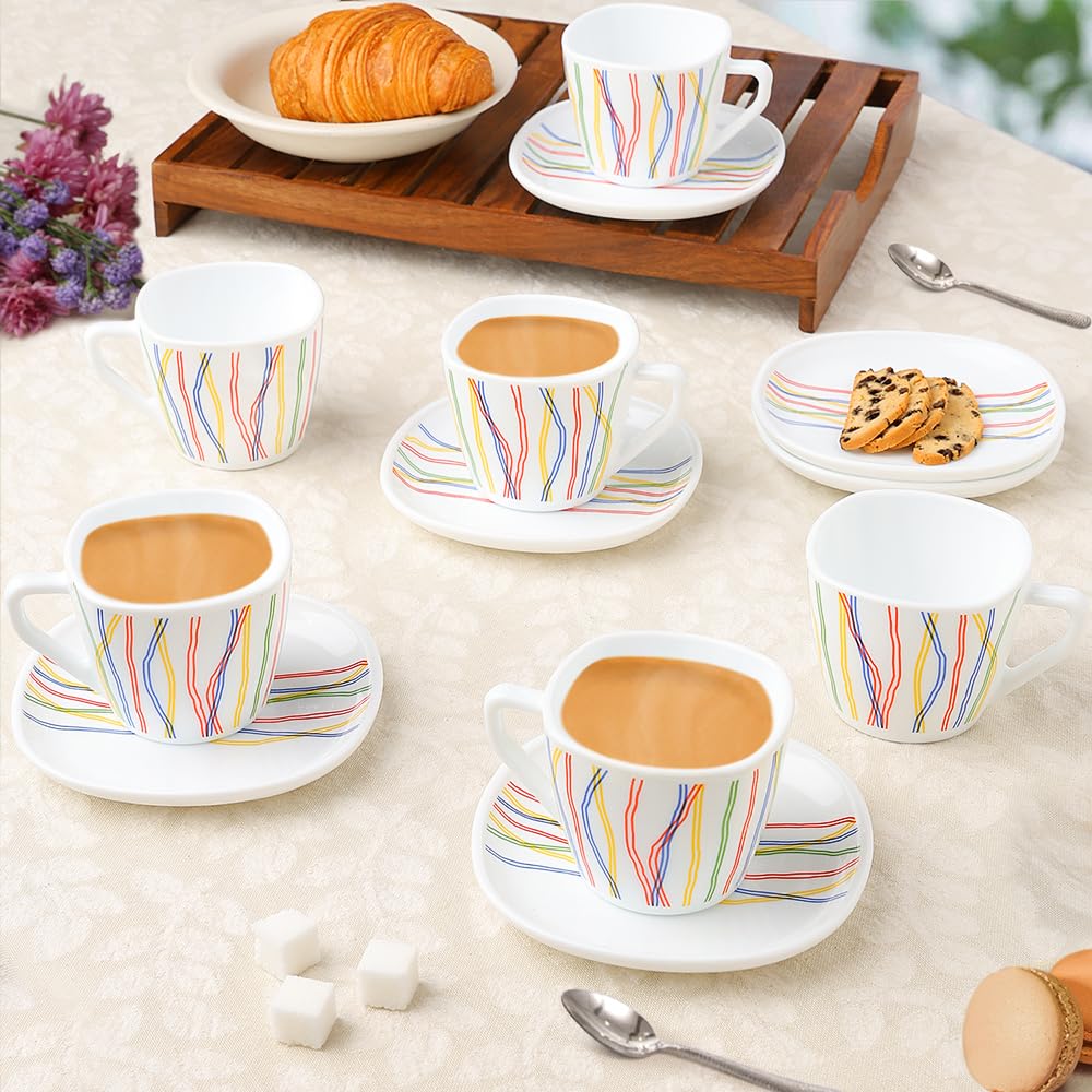 Larah by Borosil Rainbow Opalware Cup and Saucer Set of 12 pcs | Tea/Coffee Cups 220 ml | Microwave & Dishwasher Safe | Bone-Ash Free | Crockery Set Ideal for Daily Use & Gifting, White