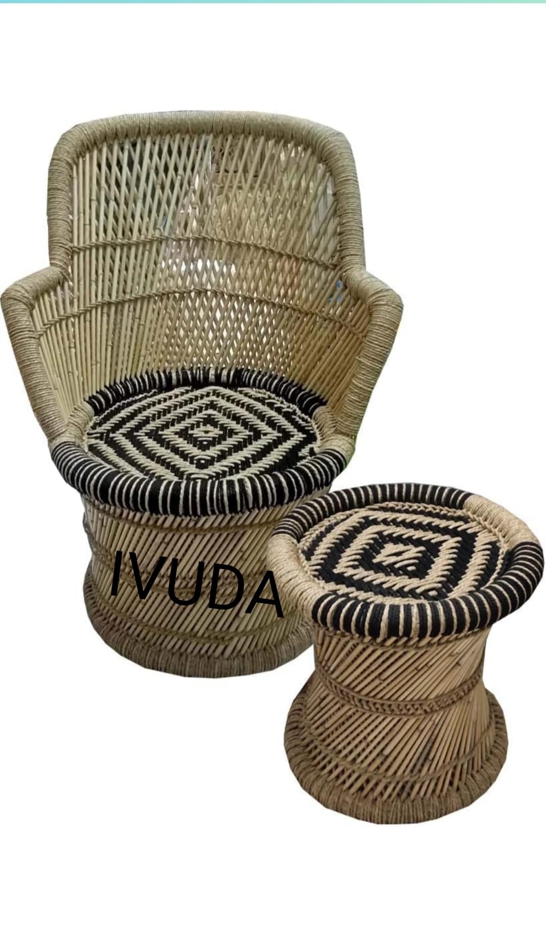 IVUDA ! Natural Bamboo Mudda Weaving Black Beige Chair Set ! Chair with Wave Design Mudda