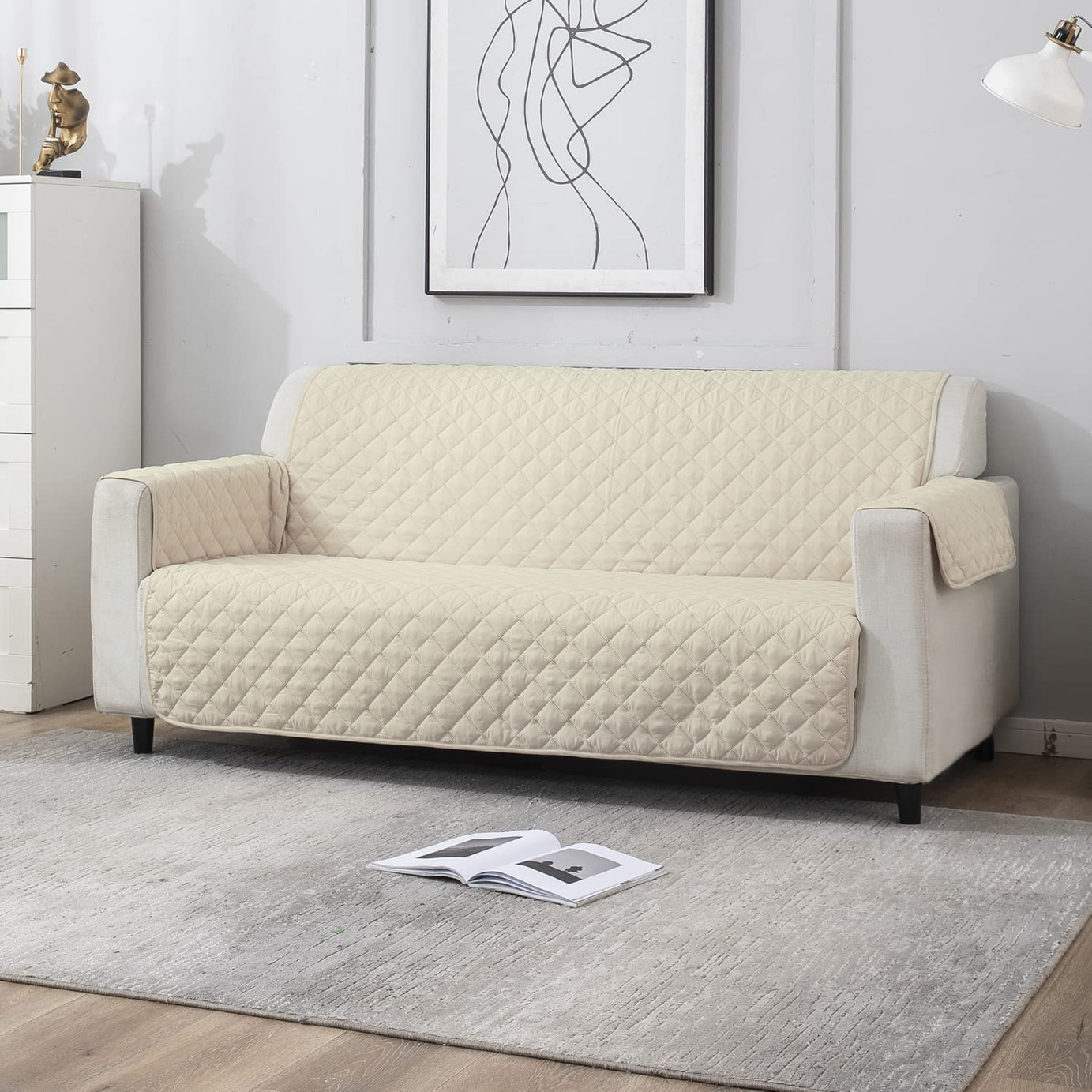 HOKIPO 3 Seater Quilted Polyester Sofa Cover Mat, 170x184 cm, Cream (AR-4665-M6)