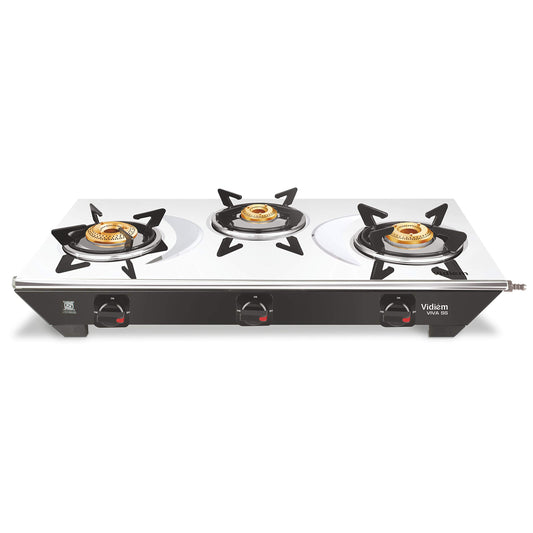 Vidiem Gas Stove S3 179 A Viva (Silver & Black) | 3 Burner Stainless Steel | ISI Certified | Manual Ignition | 5 Years Warranty