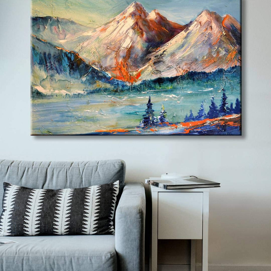 999STORE mountain with river view modern art Canvas Painting for wall décor mountains painting with frame 18X30 Inches