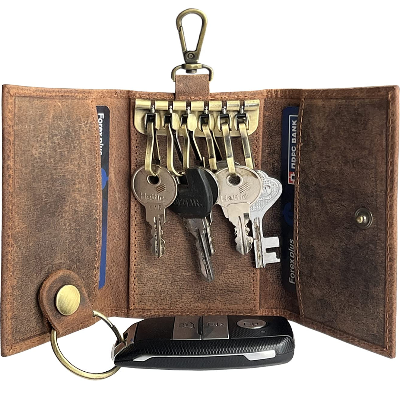 Leather Key Case - Leather Key Holder Wallet Pouch - Gifts for Him Her Men Women (Brown with FOB Key Loop)