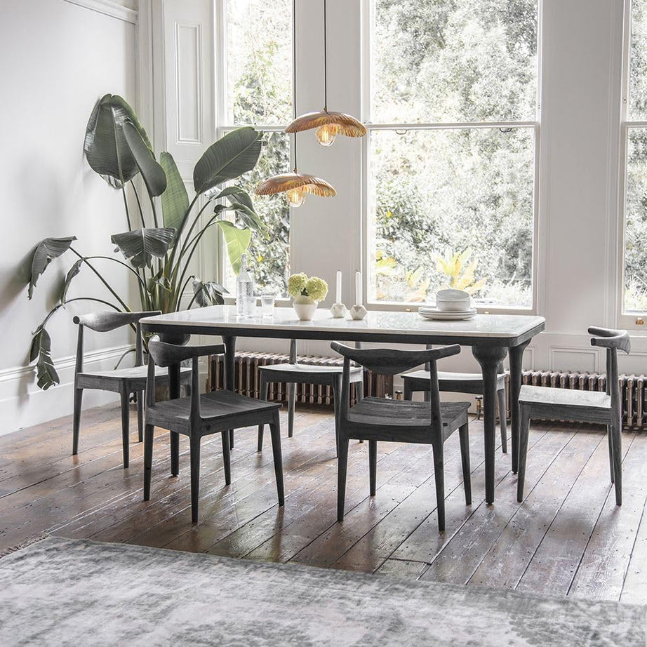 Suryavanshi Black Acacia Wood Dining Table with White Marble Top - Elegant Dining Solutions in 3 Configurations (Table+6Chairs, 6 Seater)