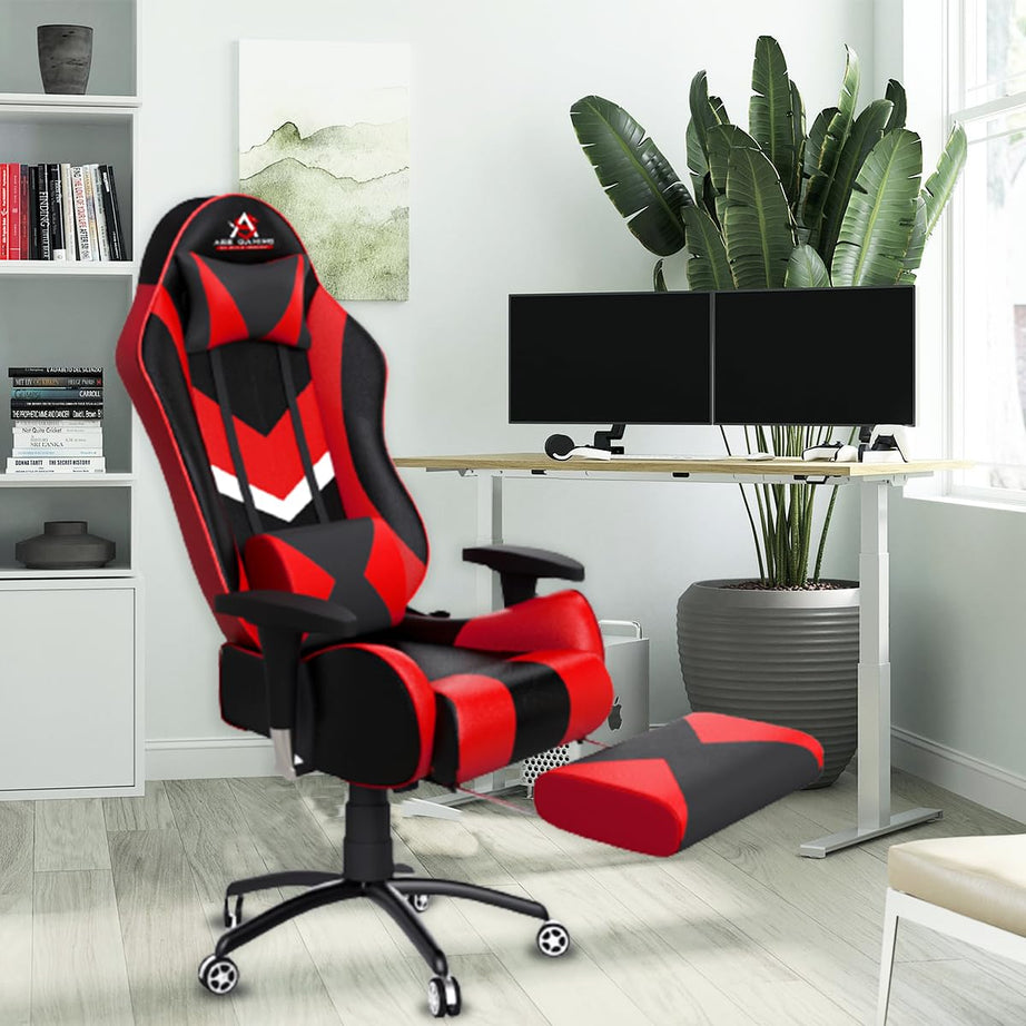 ASE GAMING® Gold Series Ergonomic Gaming Chair with Footrest Premium PU Leather, Adjustable Neck & Lumbar Pillow, 180 Degree Recline with Black Metal Base (Multicolor) (Red)