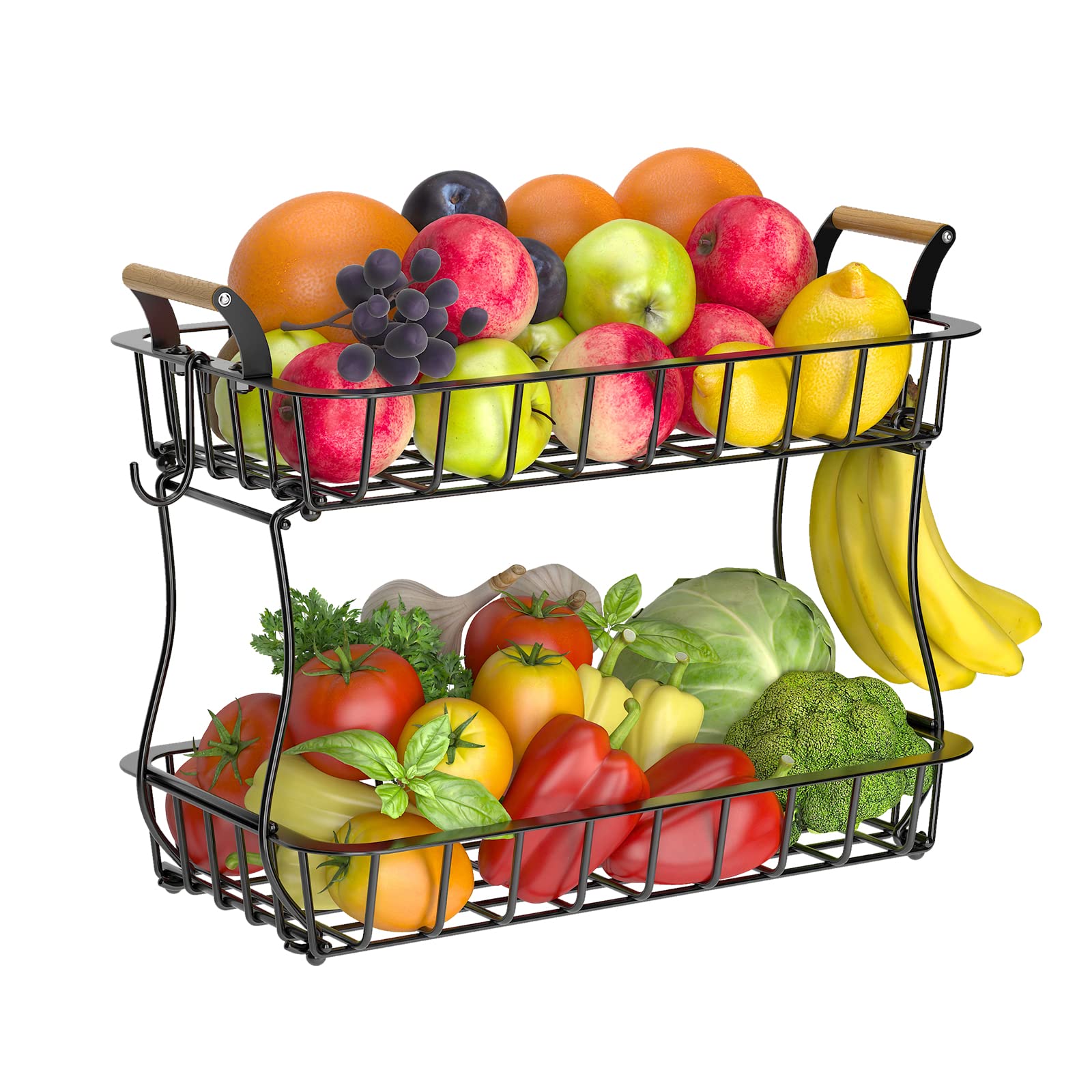 OKZEST 2 Tier Fruit Basket with 2 Banana Hangers, Vegetable Fruit Basket Bowl for Kitchen Countertop, Metal Fruit Storage Stand Holder Organizer with Handle for Bread Snack Potato Onion Veggie Produce