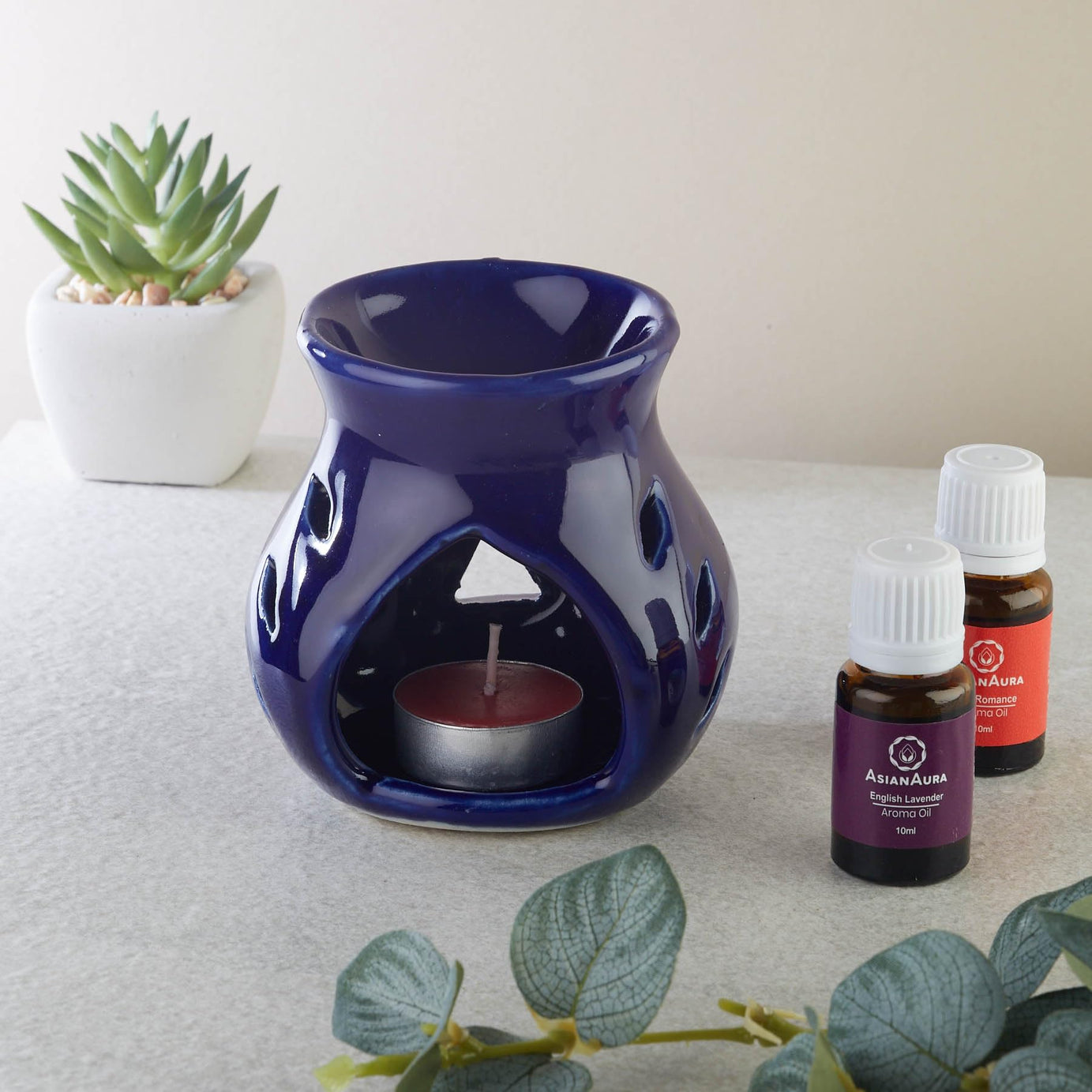 Asian Aura Aroma Candle Diffuser Oil Burner with 2 Aroma Oils, 10 ml each Fragrance English Lavender & Rosy Romance| 1Tea Light Candle Aromatherapy, Meditation| for Home/Office/Gifting| Blue Diffuser