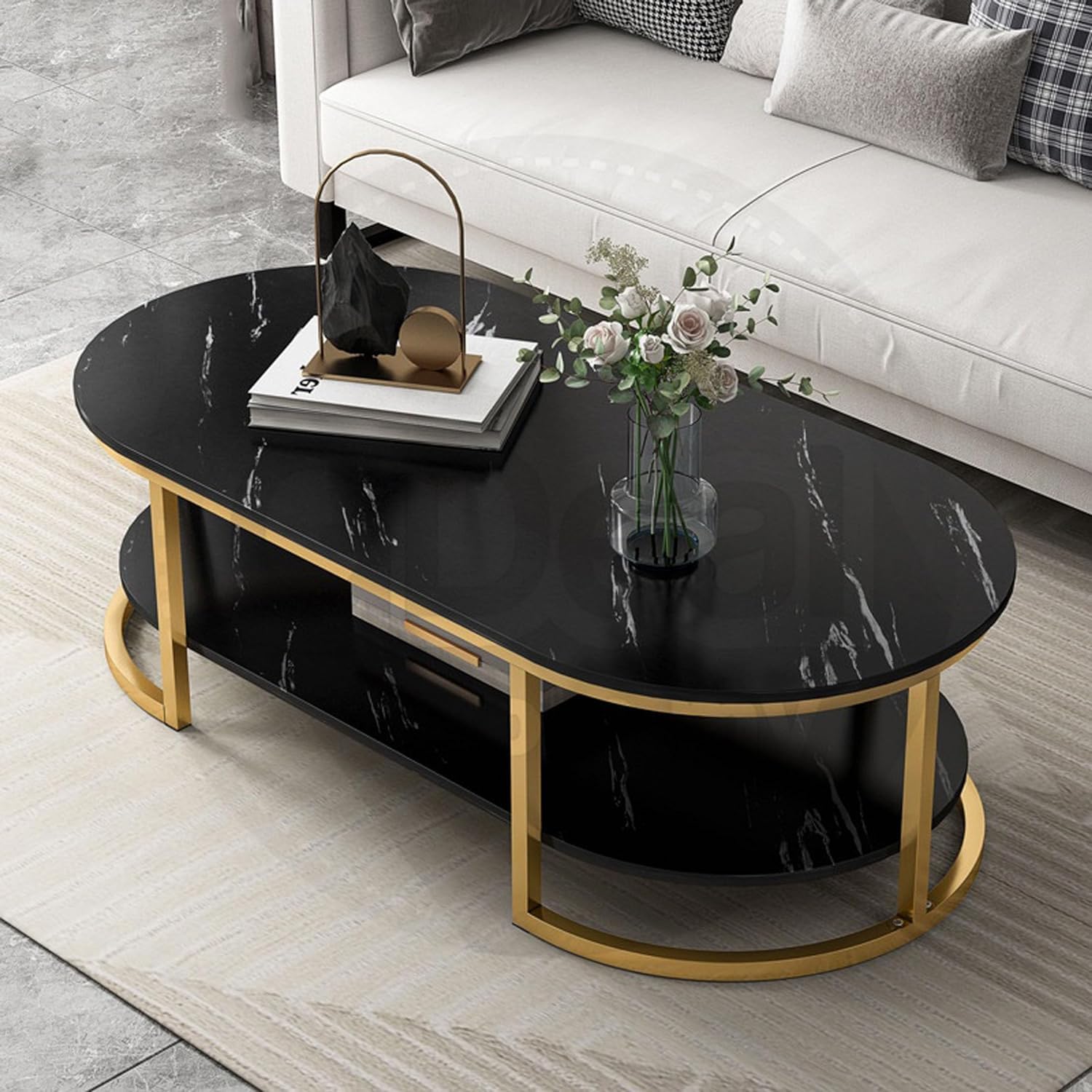 Crown Art Shoppee Coffee Table, Center Cocktail Table with Faux Marble Look Tabletop & Metal Frame, Modern Coffee Table for Living Room, Already Assemble (Black Double)