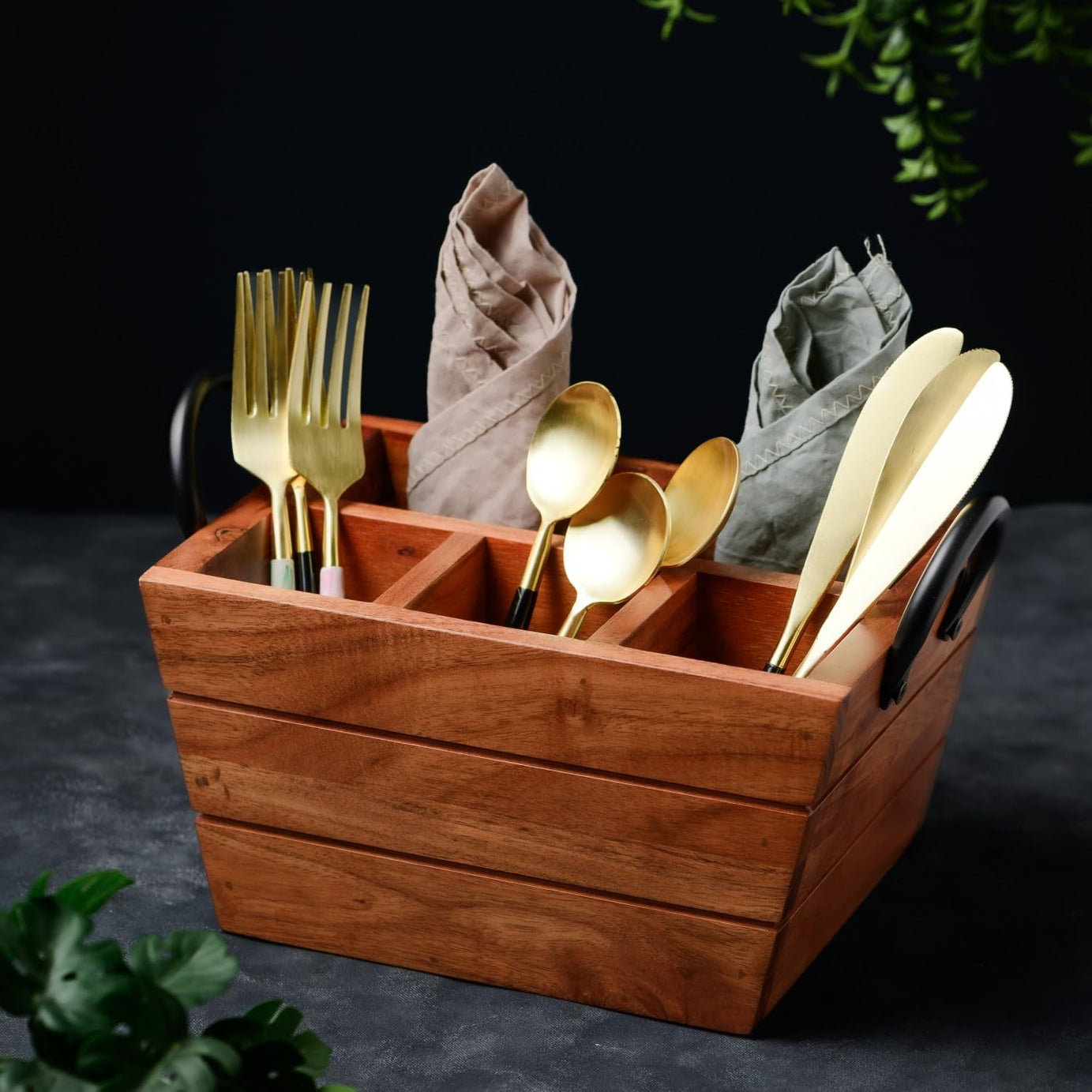 Brick Brown ® Premium Wooden Boat Shaped Utensils Cutlery Caddy/Holder 5 Section with Handle | Spoon Stand for Kitchen | Cutlery Holder for Dining Table | Wooden Cutlery Stand Storage Organiser