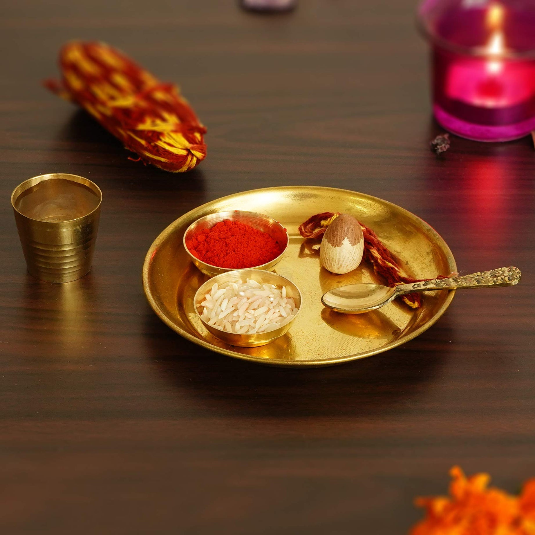 eCraftIndia Golden Brass Pooja Thali with 2 Bowls, 1 Spoon & 1 Glass - Traditional Pooja Essential for Home, Temple Use - Gift for Family, Friends - Suitable for Diwali, Navratri, Pooja Ceremonies