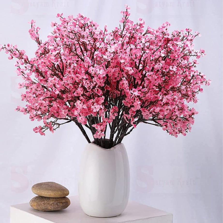 SATYAM KRAFT 5 Pcs Artificial Babys Breath Gypsophila Flower Bunch decorative items for home, Living Room Table, Plants, for Raksha Bandhan (without Vase Pot) (Pink)(fabric)