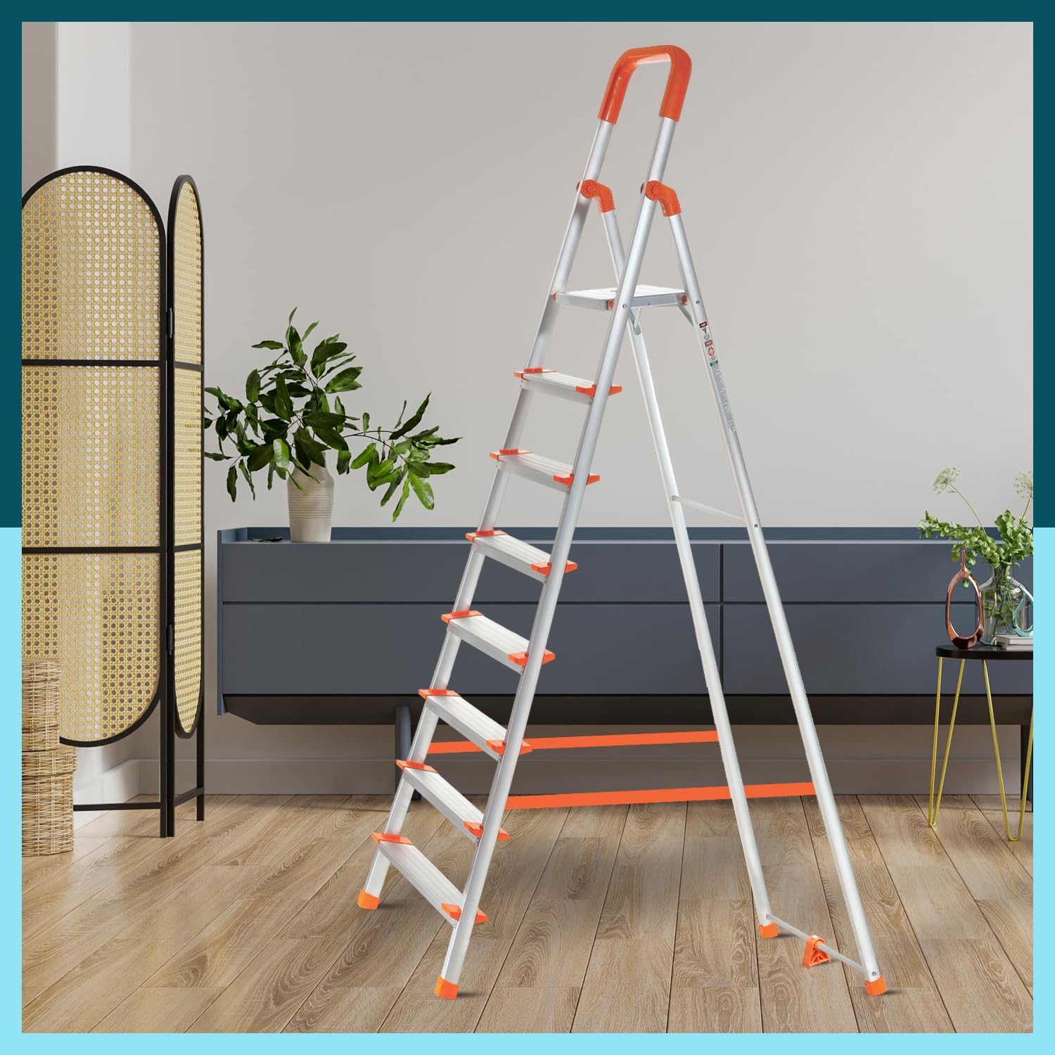 Houza 8 Step Foldable Aluminium Ladder for Home | Ladder with Anti-Slip Shoes | Slip Prevention Steps | Durable, Heavy Duty, Safe, and Stylish | Made in India (Orange)