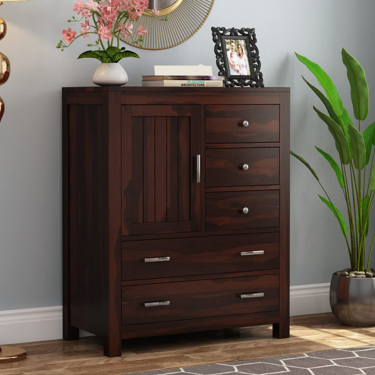 GADWAL FURNITURE Sheesham Wood Chest of Storage Drawers and 1 Cabinet for Home Living Room Hall (Walnut Finish)