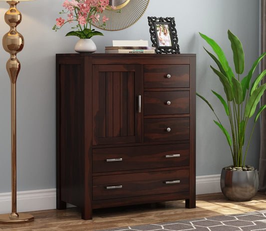 GADWAL FURNITURE Sheesham Wood Chest of Storage Drawers and 1 Cabinet for Home Living Room Hall (Walnut Finish)