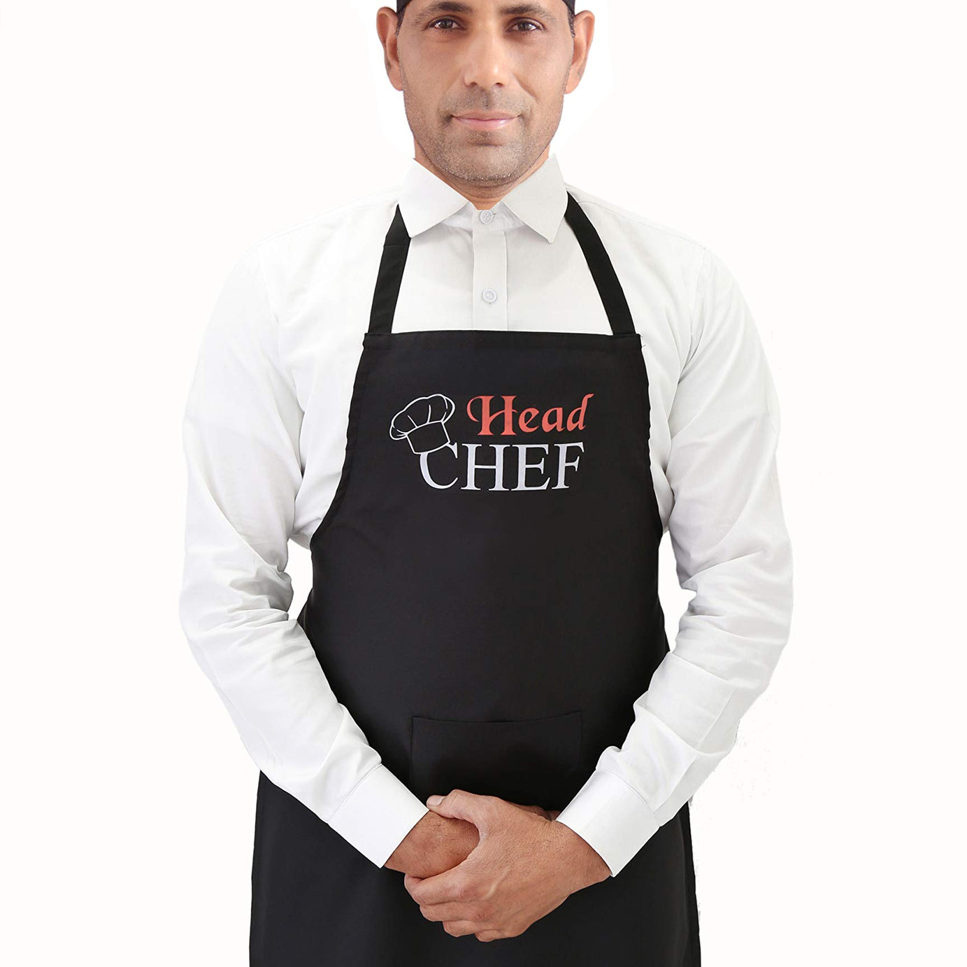 Switchon Polyester Printed Free Size Chef's Cooking Kitchen Apron with Chef's Cap-Black 23x30 inch (57x77cm)