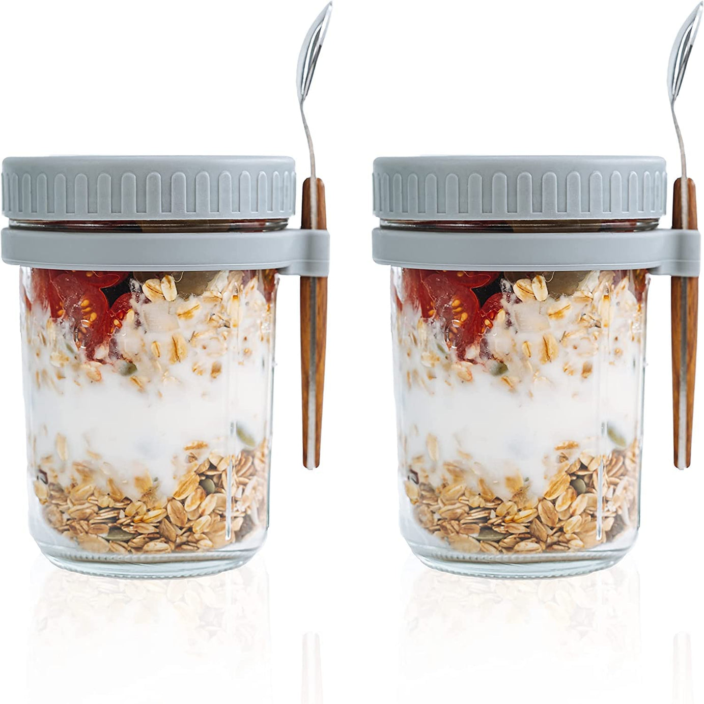 Ash & Roh Oats Containers With Lids And Spoons 350 Ml Glass Mason Jars For Overnight Oats Leak Proof Oatmeal Container Great For Cereal Fruit Vegetable Milk Salad Yogurt (Grey 2) Blue-Green