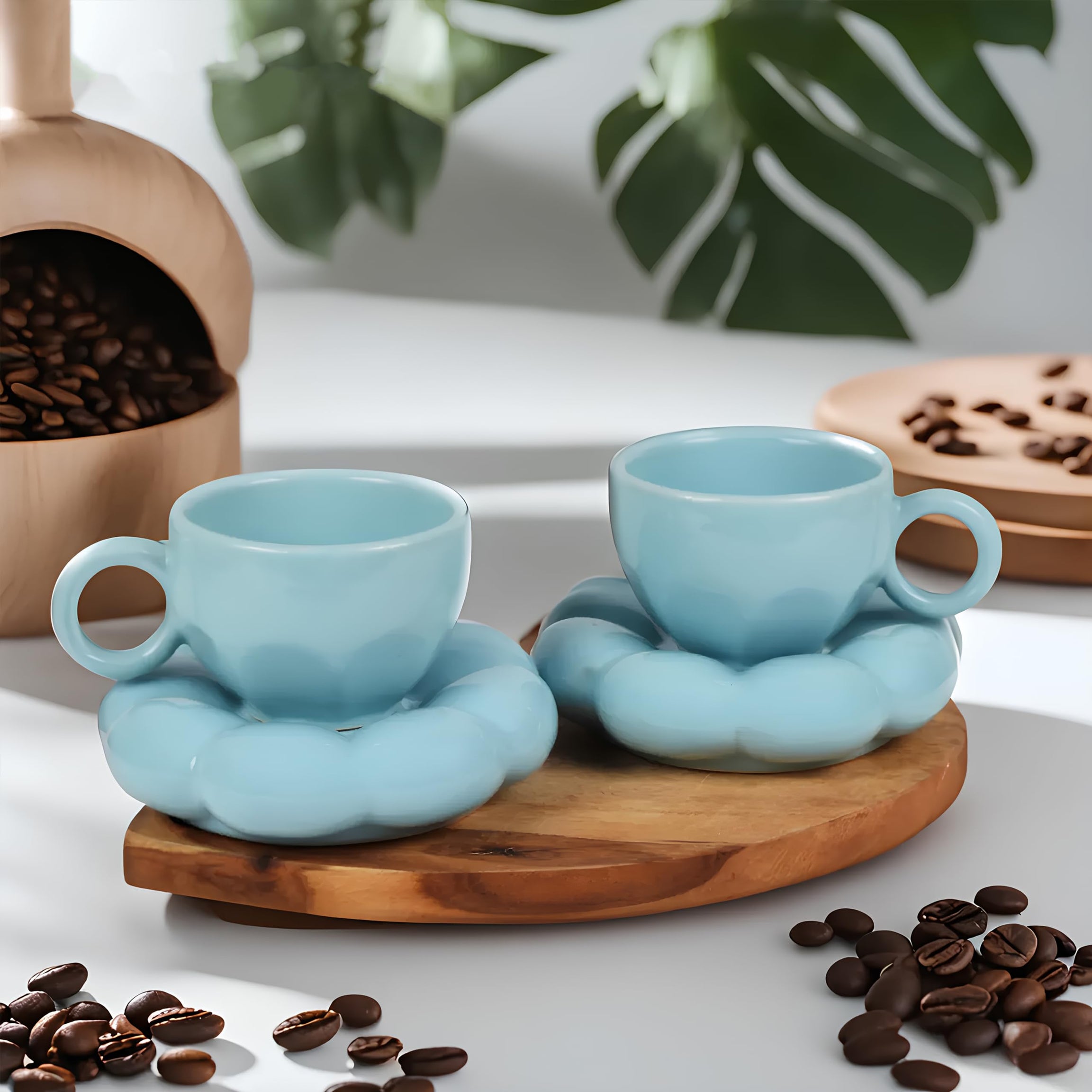 KAOLINITE Premium Ceramic Cup and Saucer Set | Handprinted Bubble Design | Microwave & Dishwasher Safe | Coffee Tea Set for 2 | 240ml