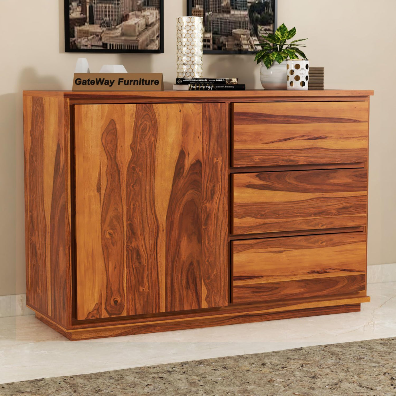 GateWay Furniture Sheesham Wood Wooden 3-Drawer and 2-Shelf Chest of Drawers Wooden for Living Room Storage (Owen,Honey Finish)