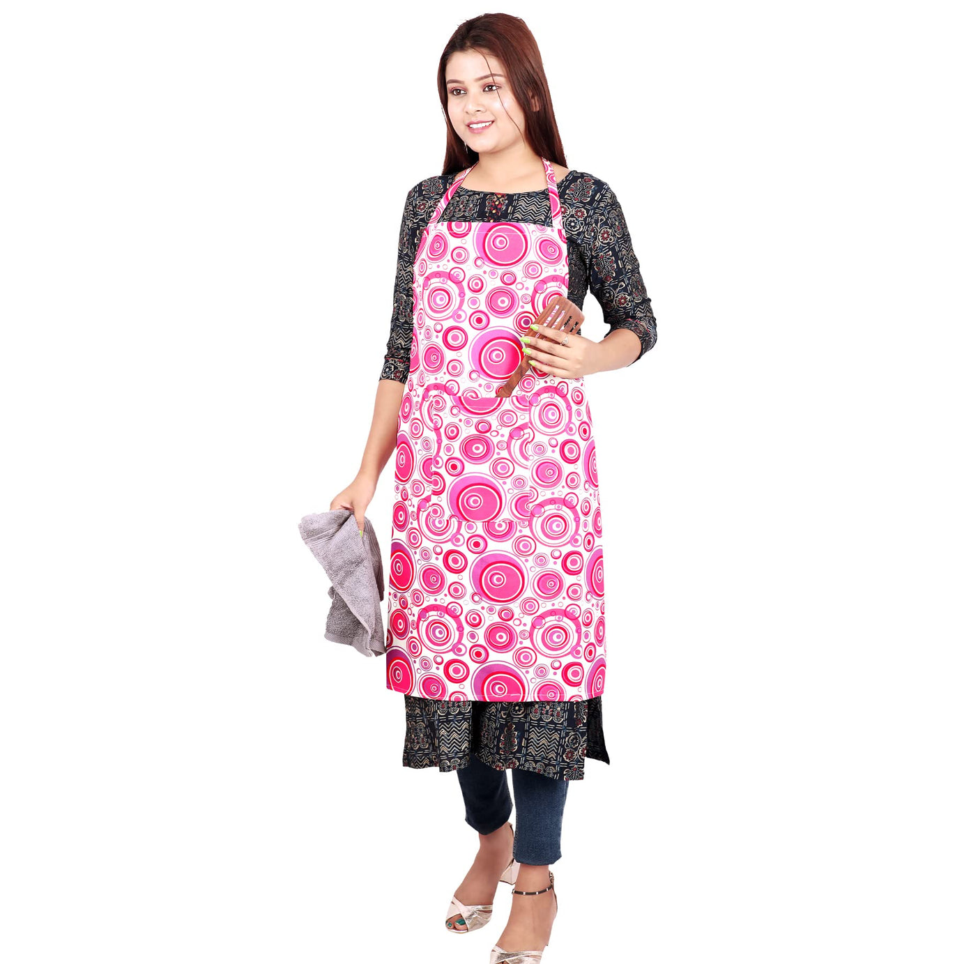 Click One Printed Kitchen Apron Waterproof (Unisex) (Pink-Multicolour)