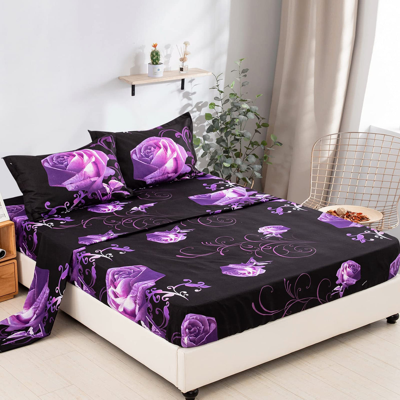 3D Purple Rose Sheet Set Queen, 4 Piece Super Soft Microfiber Bedding Sheets with 1 Deep Pocket Fitted Sheet ,1 Flat Sheet, 2 Pillowcases. All-Season Bed Sheets for Queen Bed