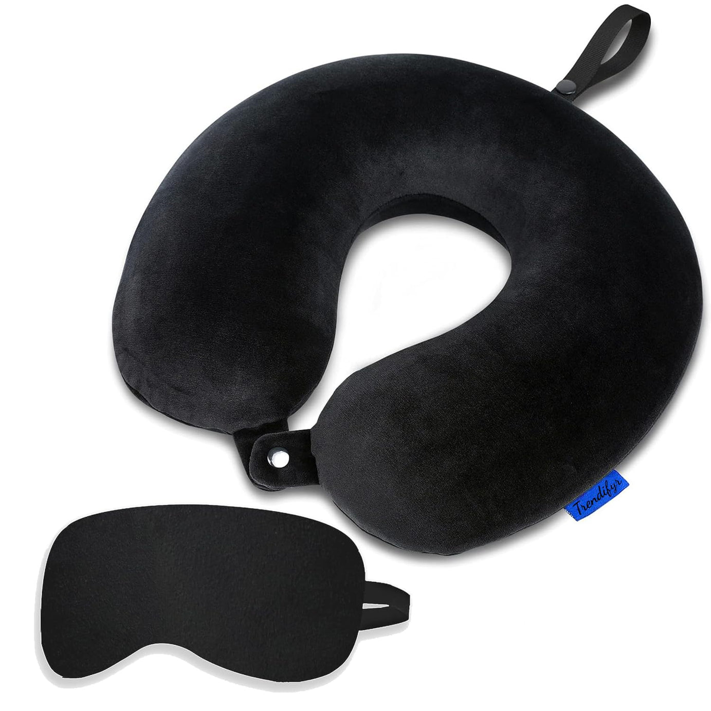 Trendifyr ™ Travel Neck Cushion Pillow With Eye Mask | Super Soft Material With 5 Years Warranty | For Travel & Sleep In Flights, Train, Car (Black With Eye Mask) - Velvet