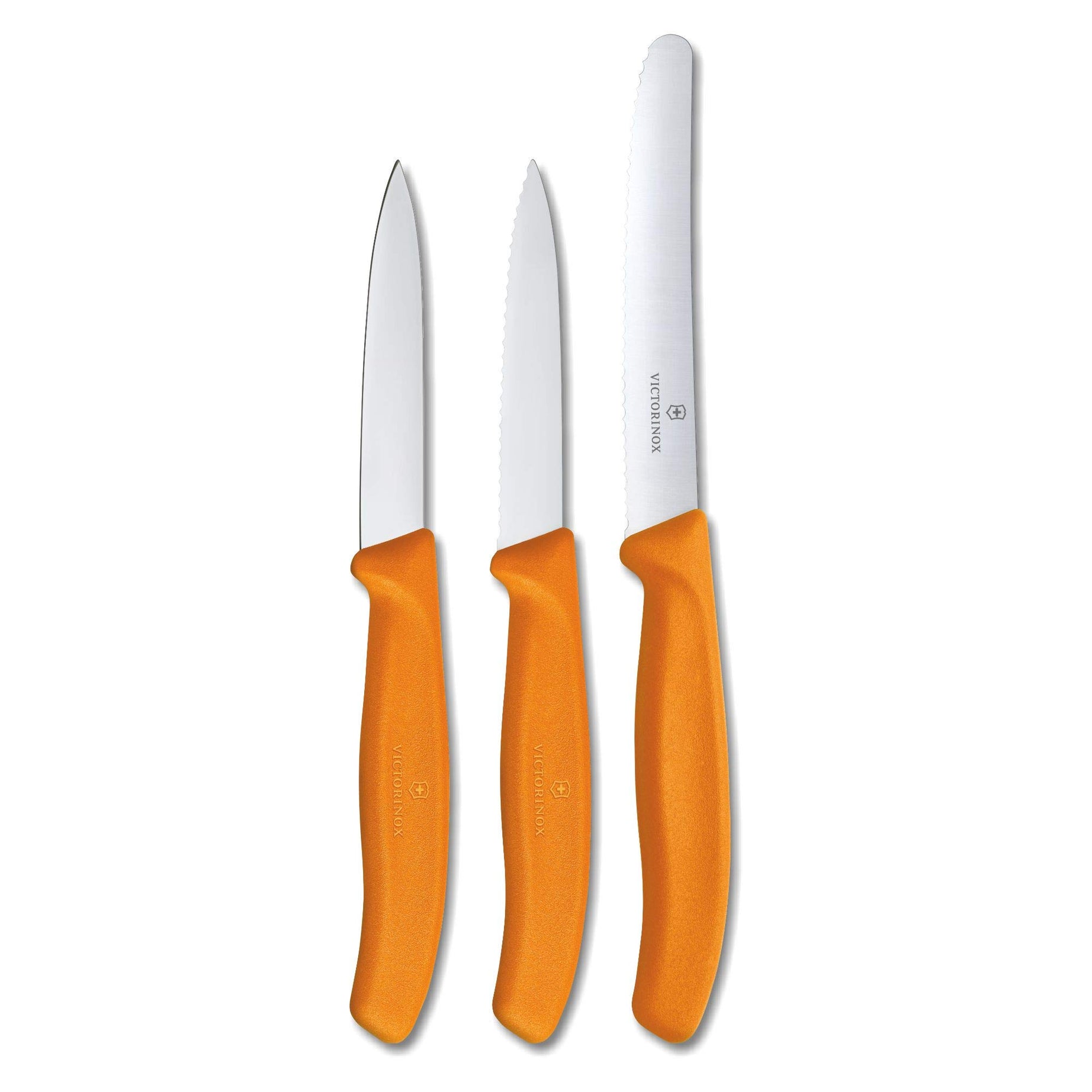 Victorinox Stainless Steel Kitchen Knife Set of 3 Knives - 11 cm Serrated Edge, 8 cm Straight Edge and 8 cm Serrated Edge for Professional and Household, Orange, Swiss Made