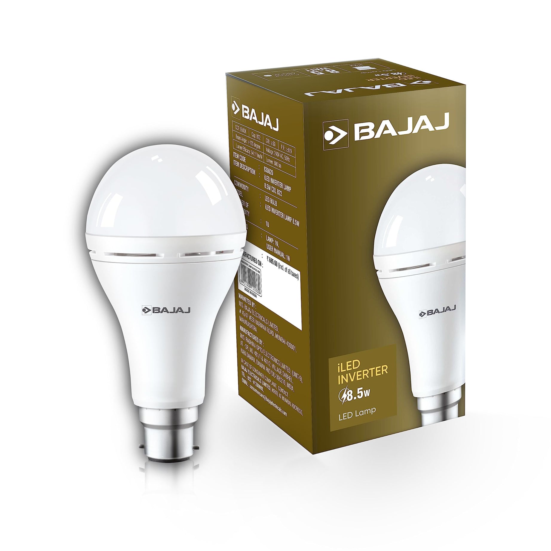 Bajaj LEDZ 8.5W Rechargeable Emergency Inverter LED Bulb, Cool Day Light, White, Upto 4 Hours Battery