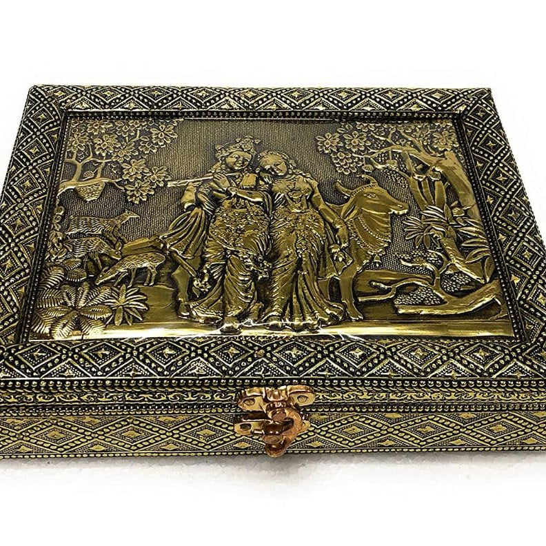 A-ONE Craft Wooden Meenakari Handcrafted Decorative Krishna Statue Box for Dry Fruits/Sweet Box/Chocolate Box | Decorative Multipurpose Box (Gold, 4 Section)