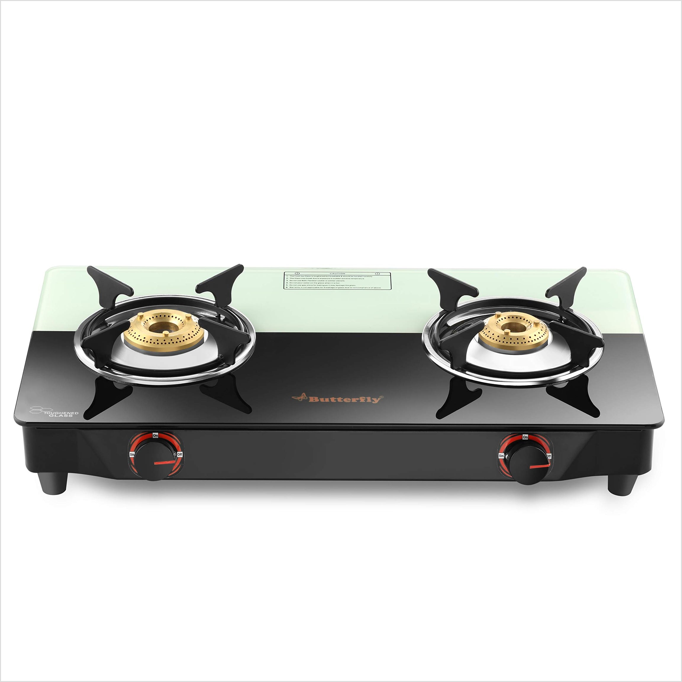 Butterfly Smart Plus Glass 2 Burner Gas Stove, Black & White (Manual Ignition)