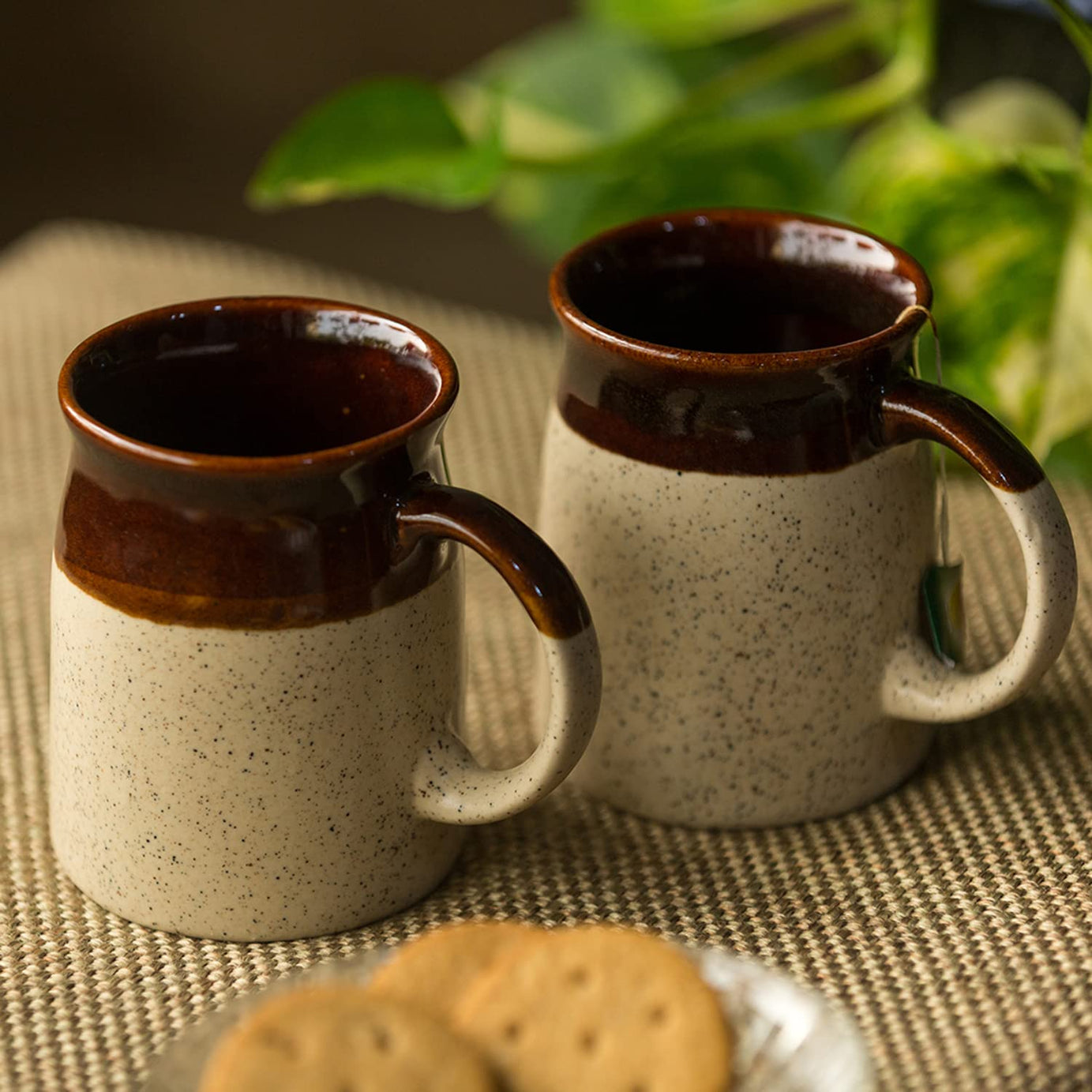 ExclusiveLane 'Cocoa Rims' Ceramic Tea Cups and Ceramic Coffee Mugs Set of 2 (320 ML, Microwave & Dishwasher Safe) |Handcarved Tea Mugs Ceramic Mugs for Coffee Milk Mug Coffee Cup Drinkware