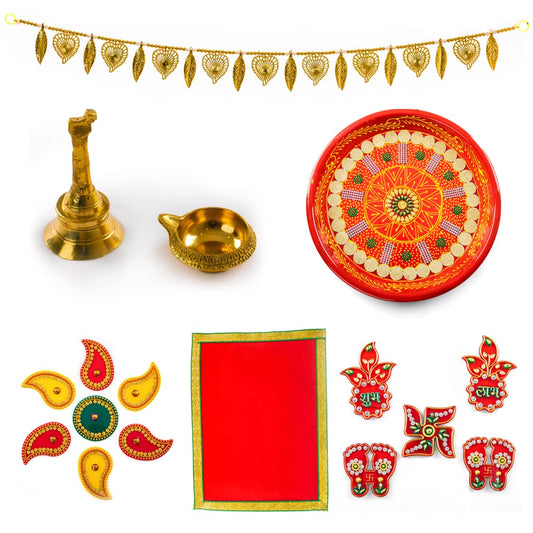 Tarini Gallery Pooja Thali Set with Essential Pooja Articles for Rituals Festivals Home Temple Office Wedding and Gifting (Red Thali Set Size-11)