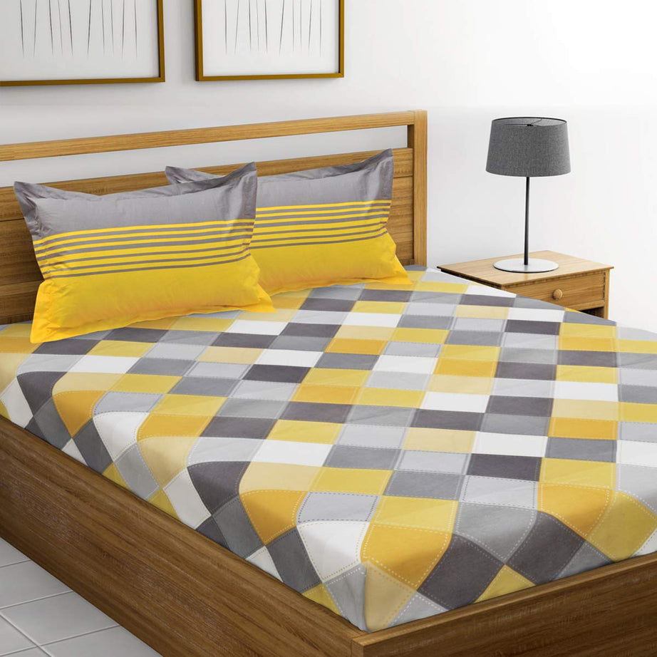 HUESLAND by Ahmedabad Cotton 144 TC Cotton Double Bedsheet with 2 Pillow Covers - Yellow, Grey