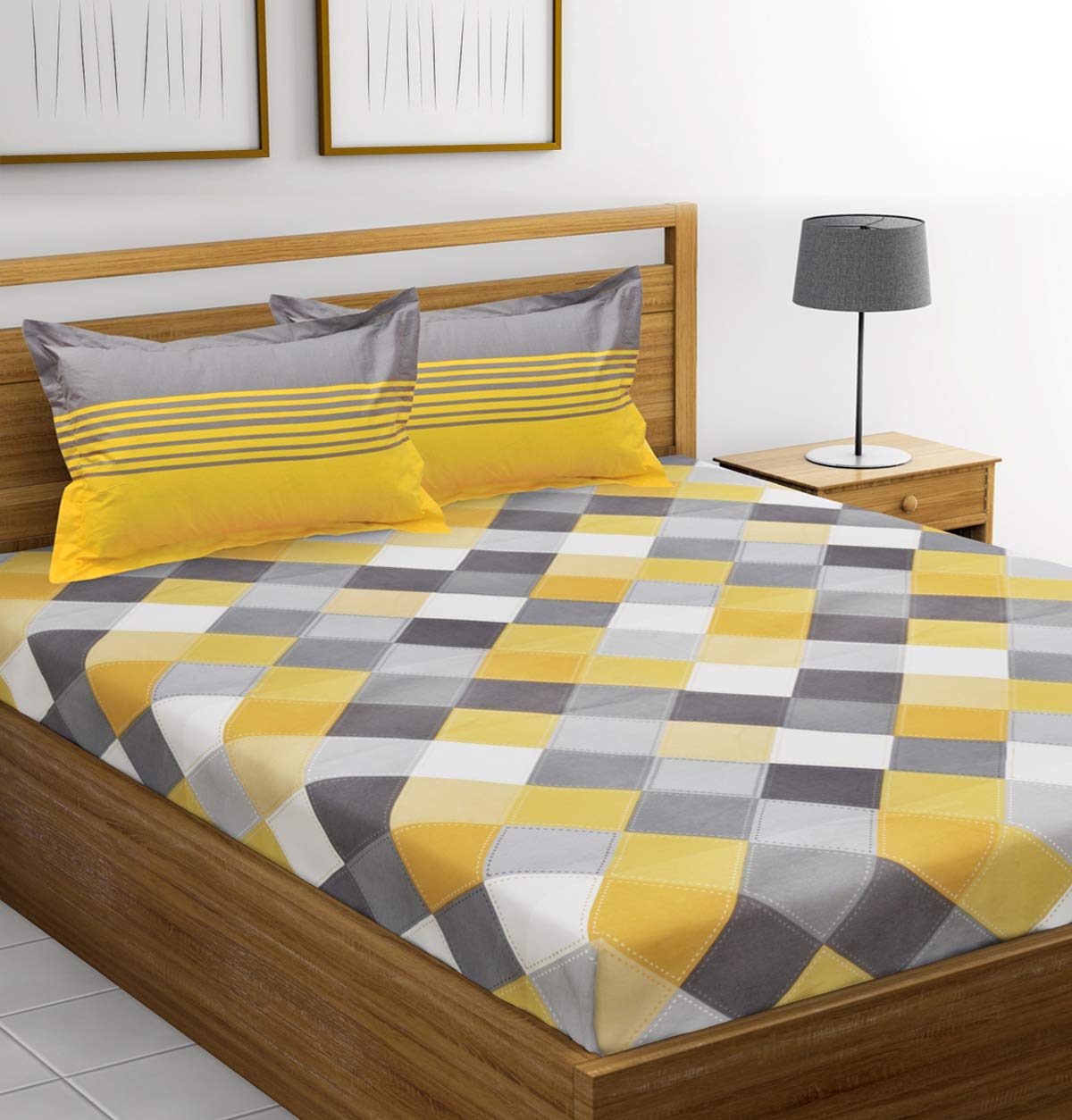 HUESLAND by Ahmedabad Cotton 144 TC Cotton Double Bedsheet with 2 Pillow Covers - Yellow, Grey