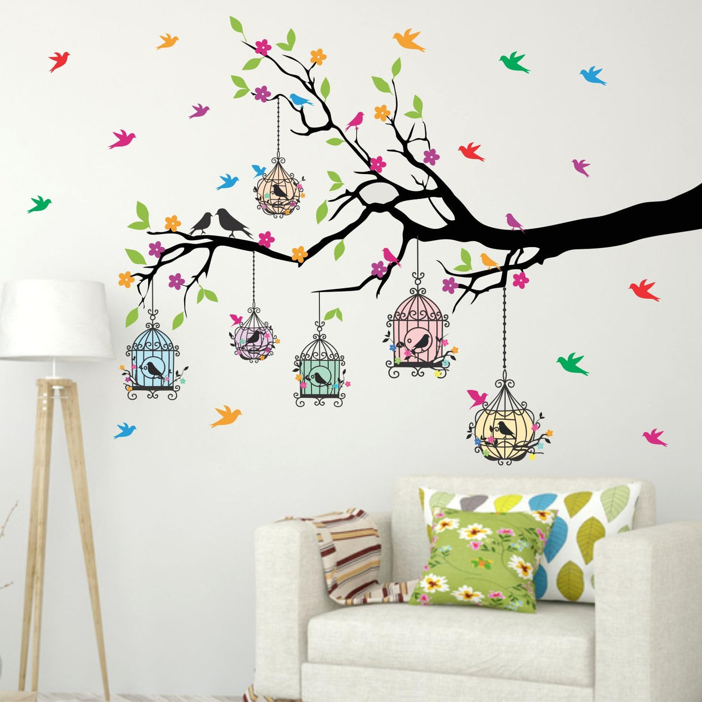 Sticker Yard PVC Vinyl Tree and Flowers Wall Sticker Size 127X84CM